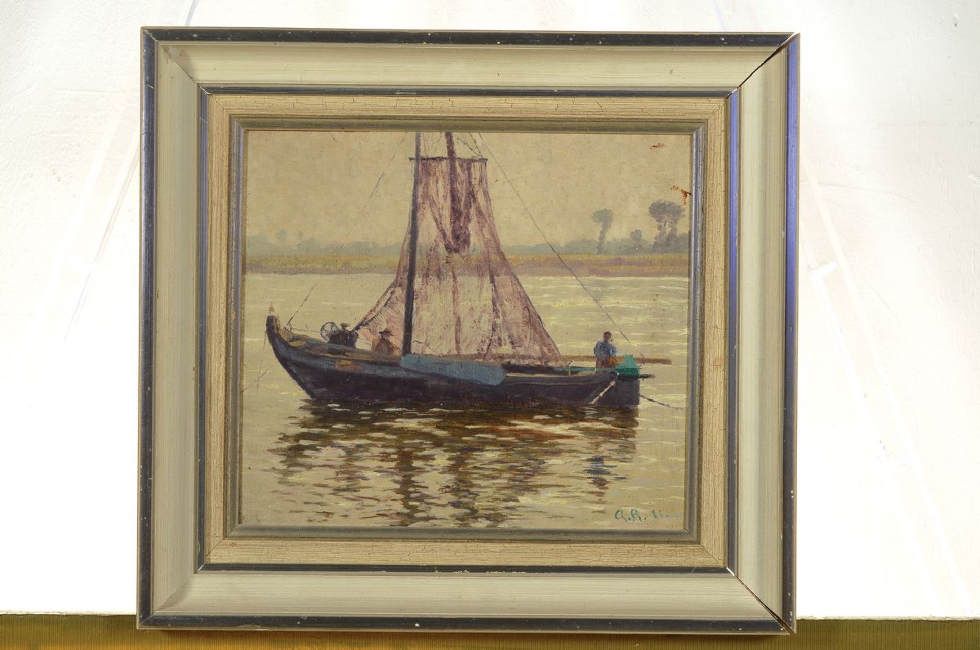 Alfred Rasenberger, 1885-1949, Fischerboot am Niederrhein, Öl/Hartfaser, rechts unten monogr. und - Bild 3 aus 3