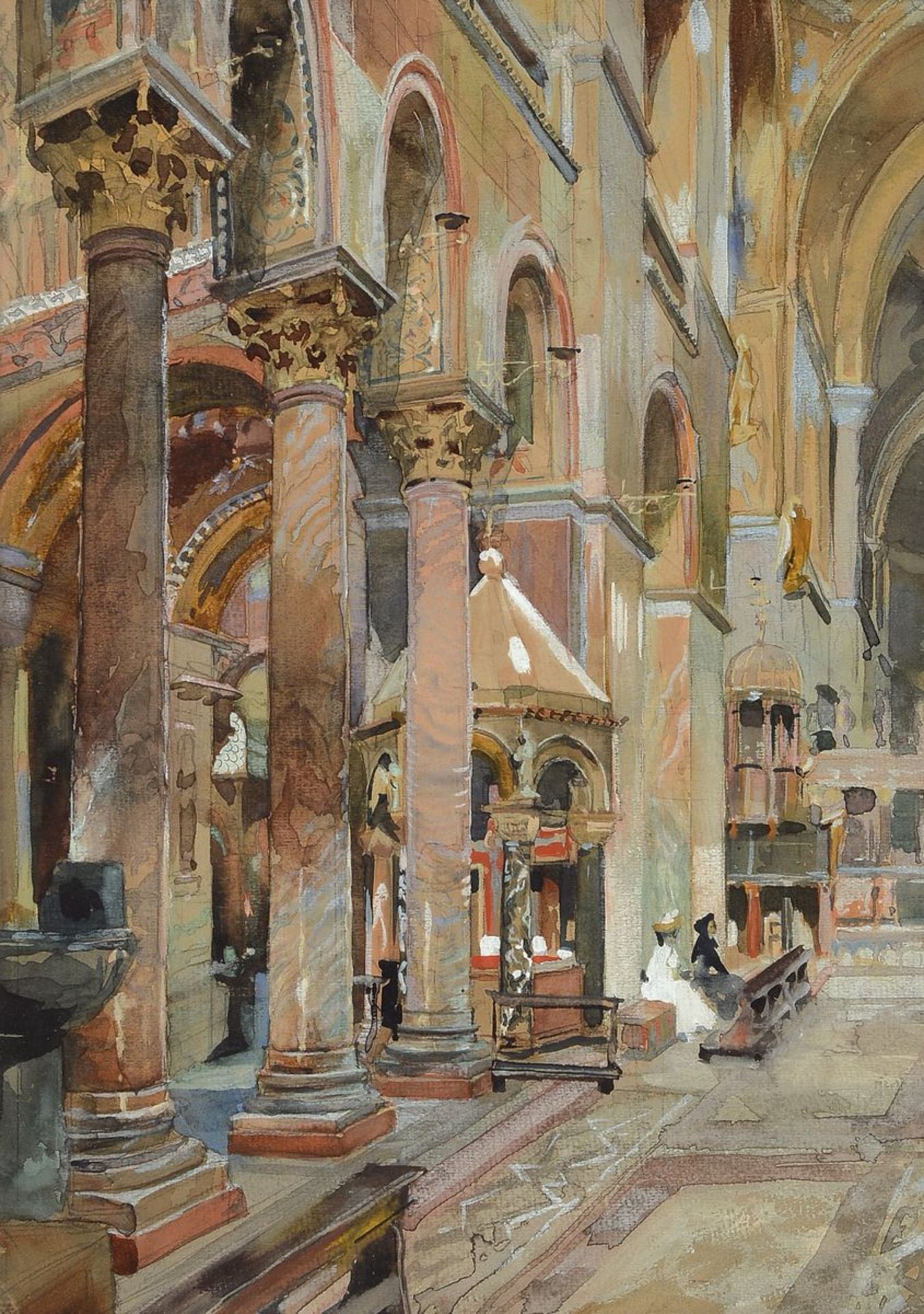 Heinrich Herrmanns, 1862-1942 Düsseldorf, Interieur, Ansicht von San Marco in Venedig, Aquarell