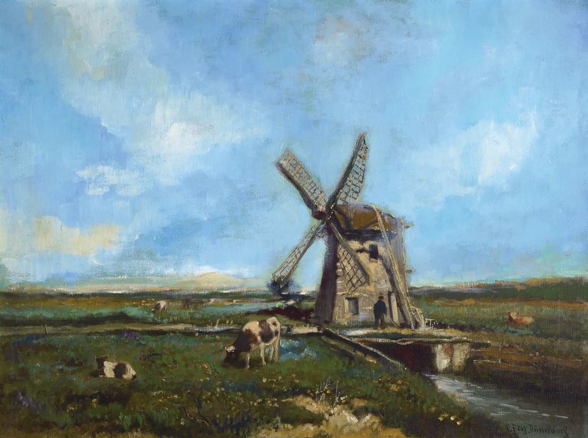 Carl Fey, 1867-1939 Düsseldorf, Windmühle in holländischer Landschaft, Öl/Lwd, rechts unten