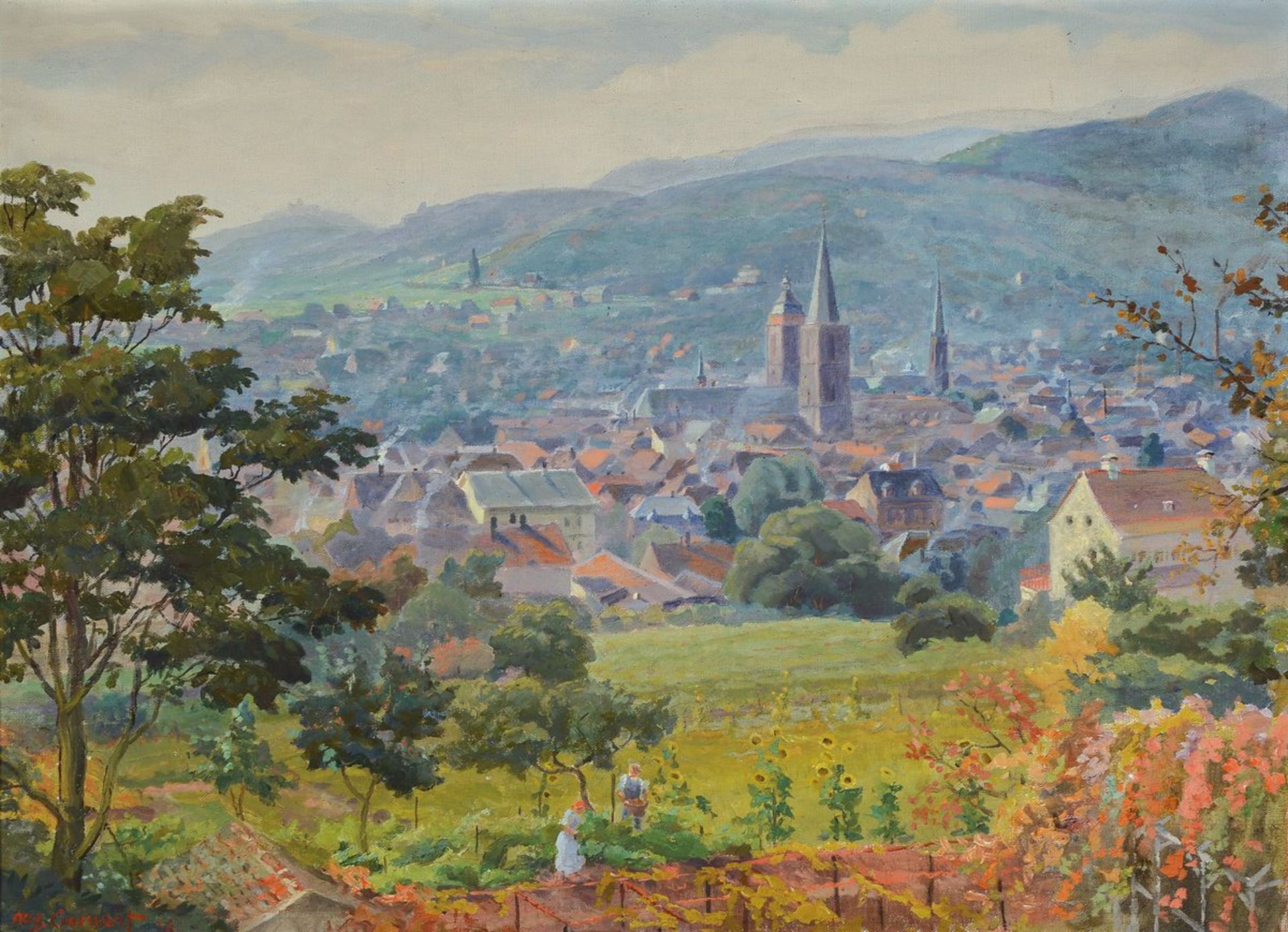 August Croissant, 1870 Landau-1941 Edenkoben, Blick auf Neustadt an der Weinstraße, Öl/Lwd, links