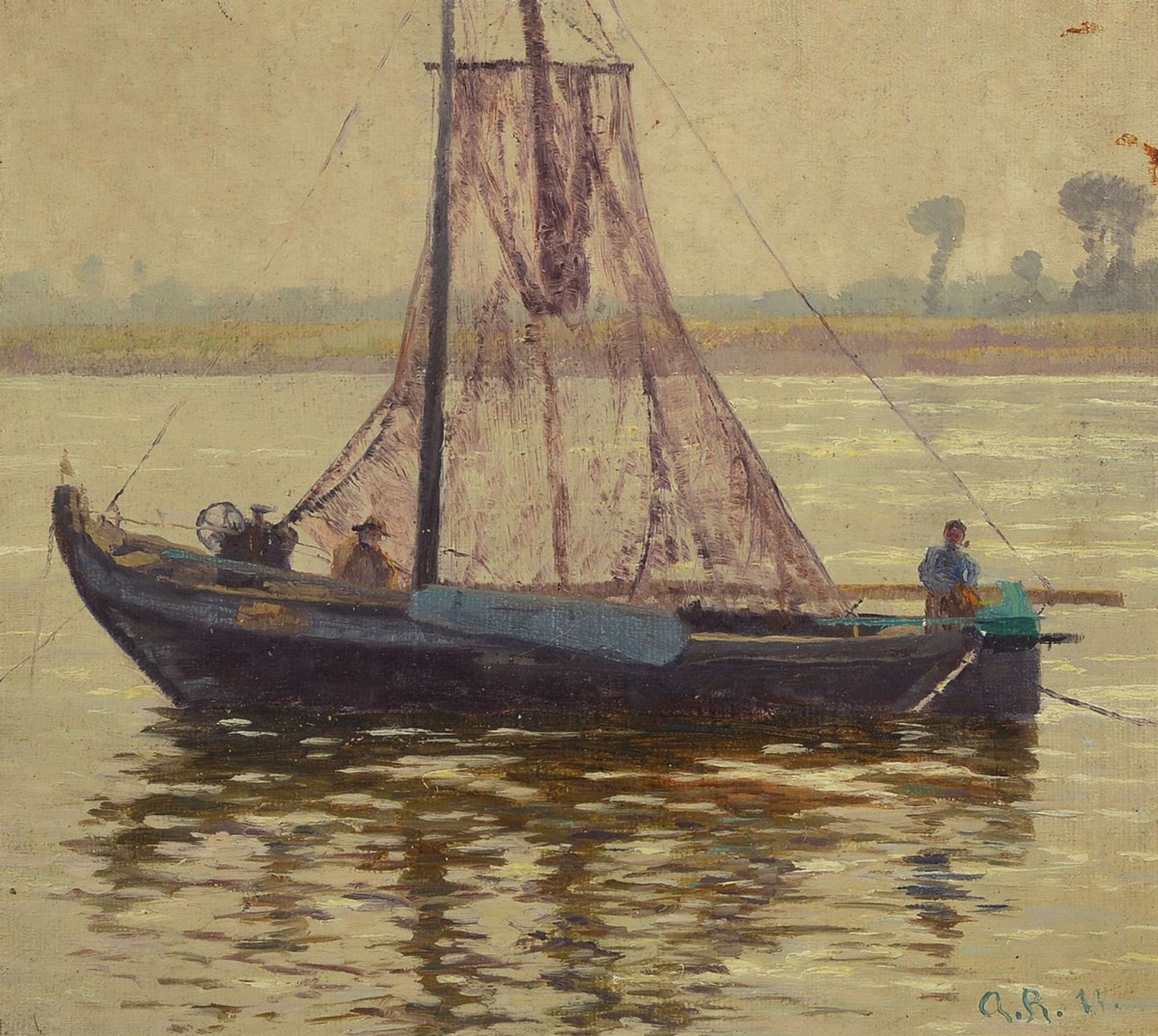 Alfred Rasenberger, 1885-1949, Fischerboot am Niederrhein, Öl/Hartfaser, rechts unten monogr. und