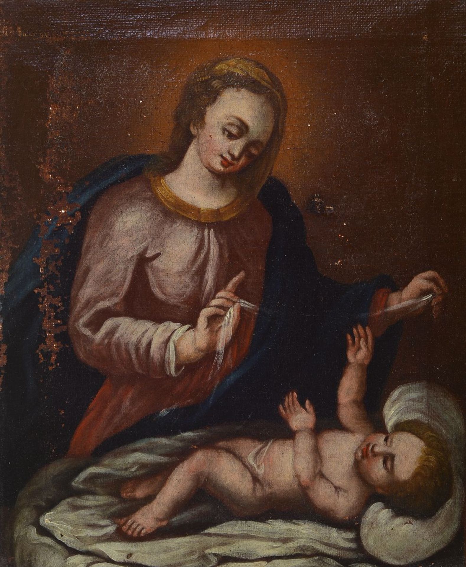 Unbekannter Künstler, süddeutsch, um 1800-1820, Maria mit dem Jesuskind, Öl/Lwd, besc.,