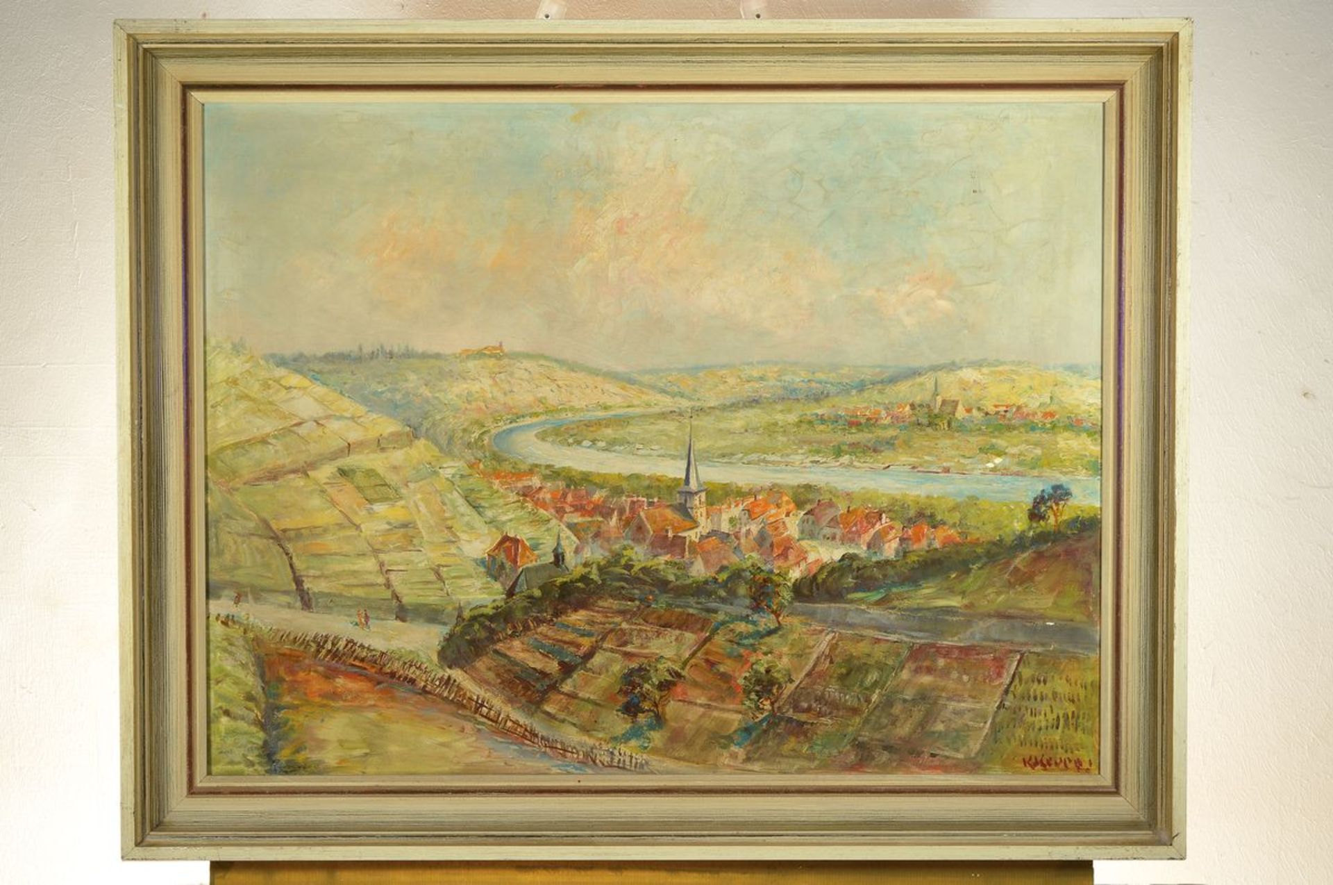 Karl Keupp, 1913-2002 Würzburg, Blick auf einen Fluss und zwei Ortschaften, Öl/Lwd, rechts unten - Bild 3 aus 3