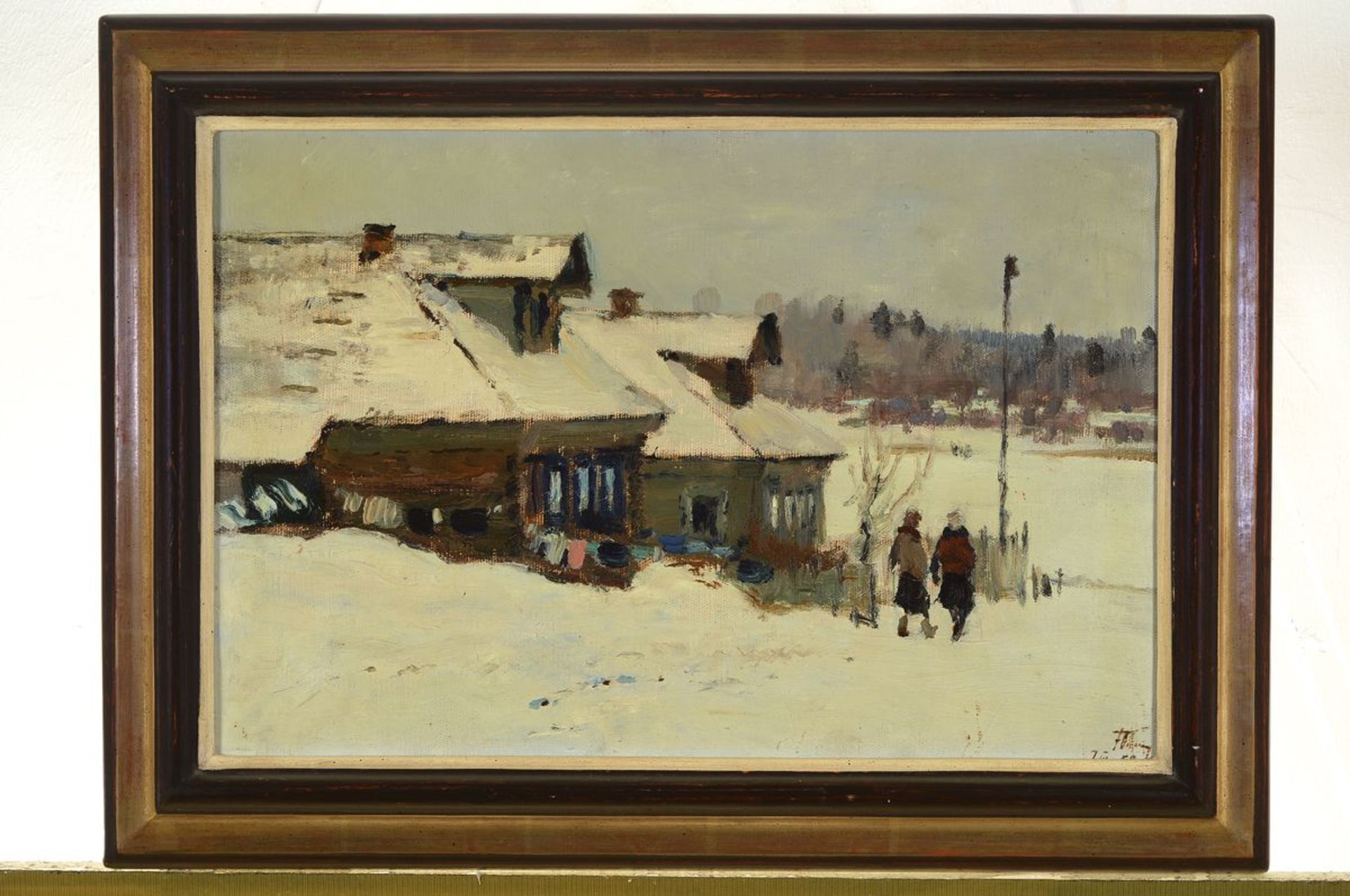 Unbekannter russischer Künstler, datiert 1950, Verschneite Winterlandschaft mit Häusern und - Bild 3 aus 3