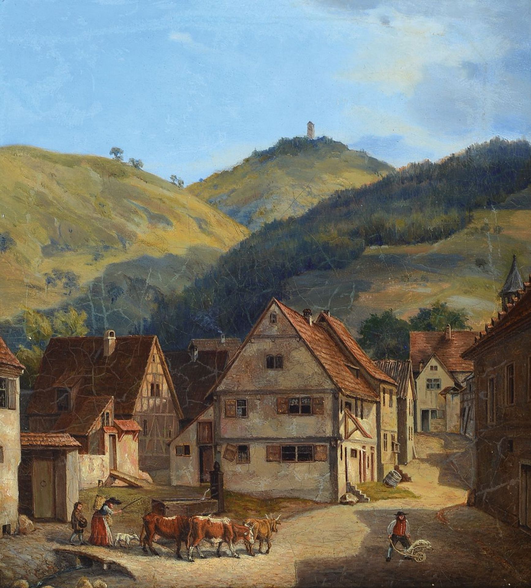 wohl Frankfurter Maler, um 1830, , dörfliche Taunuslandschaft mit Tieren an der Tränke und Hirtin,