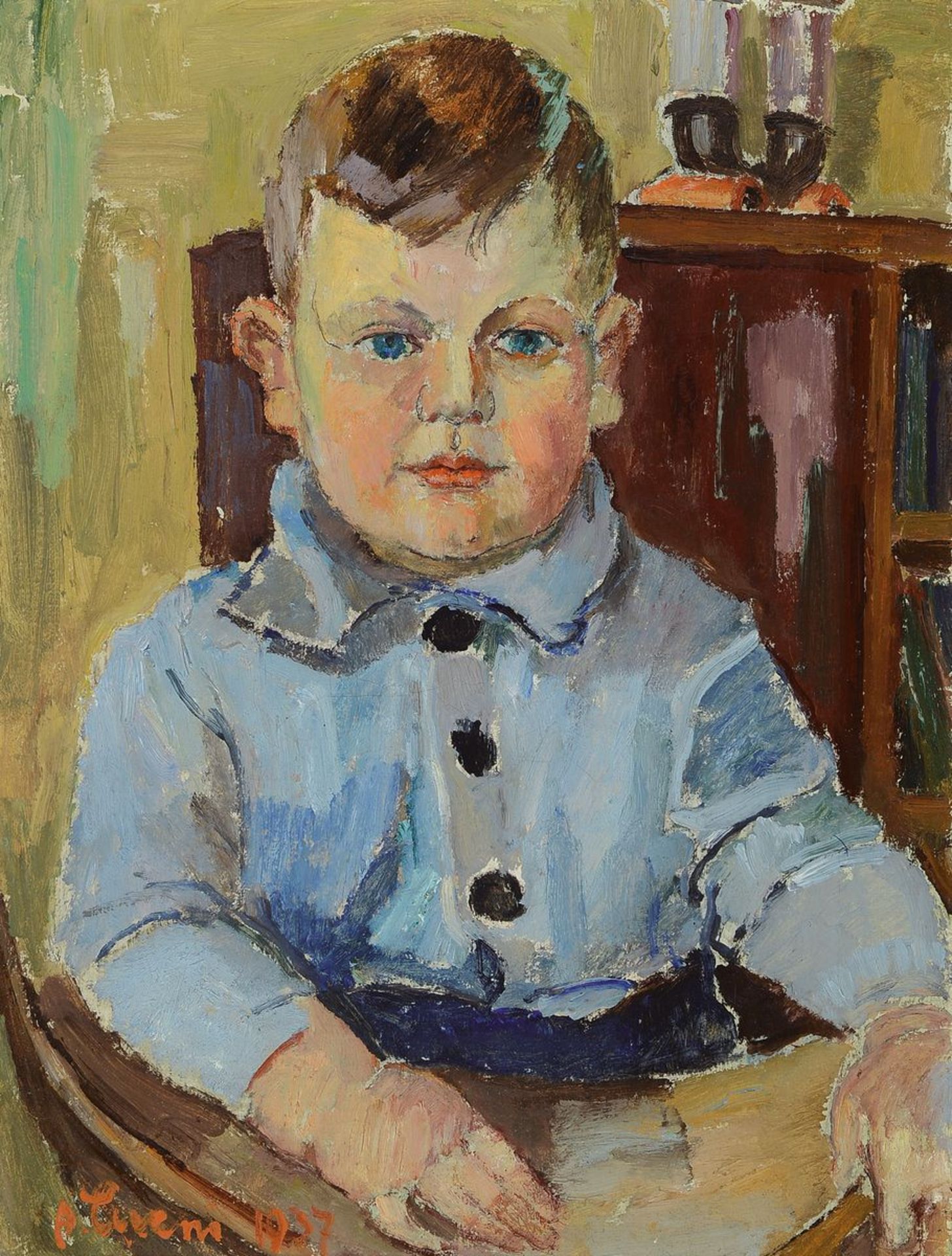 August Cueni, 1883 - 1966 Zwingen, Porträt eines Knaben im Kinderstuhl, gut getroffener kindlicher