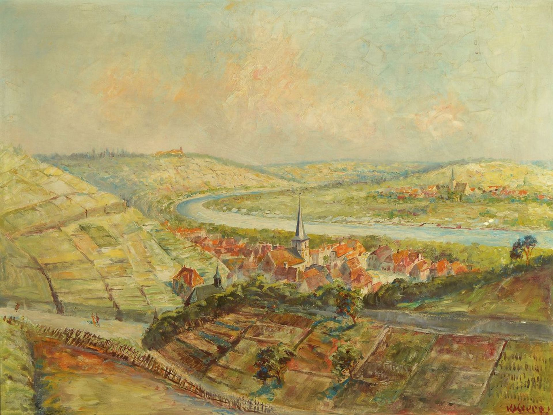 Karl Keupp, 1913-2002 Würzburg, Blick auf einen Fluss und zwei Ortschaften, Öl/Lwd, rechts unten