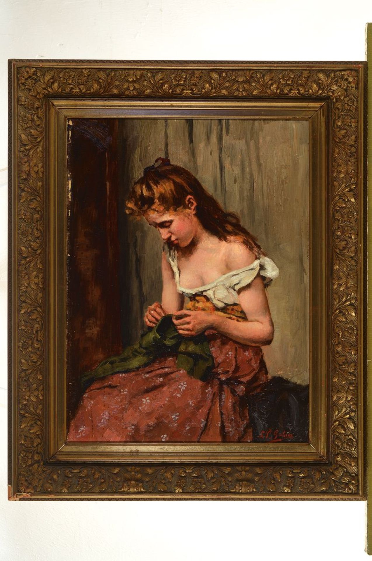 L.P. Gutner, Maler um 1900, Junge Frau beim Nähen, Öl/Lwd, rechts unten signiert, ca. 49x36cm, R. - Bild 3 aus 3