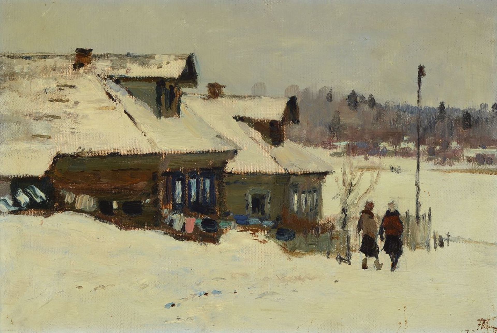 Unbekannter russischer Künstler, datiert 1950, Verschneite Winterlandschaft mit Häusern und