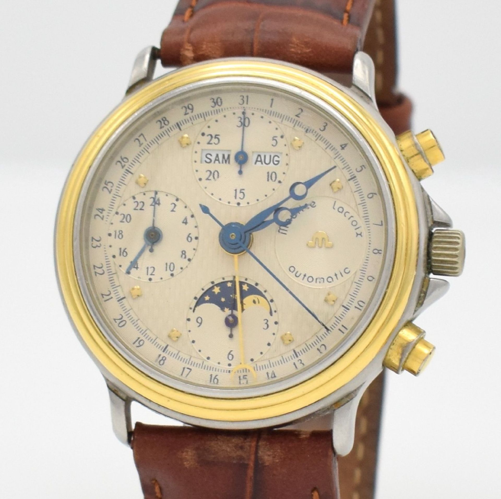 MAURICE LACROIX Armbandchronograph mit Vollkalender, Schweiz 1990er Jahre, Automatik, silb. - Bild 4 aus 8