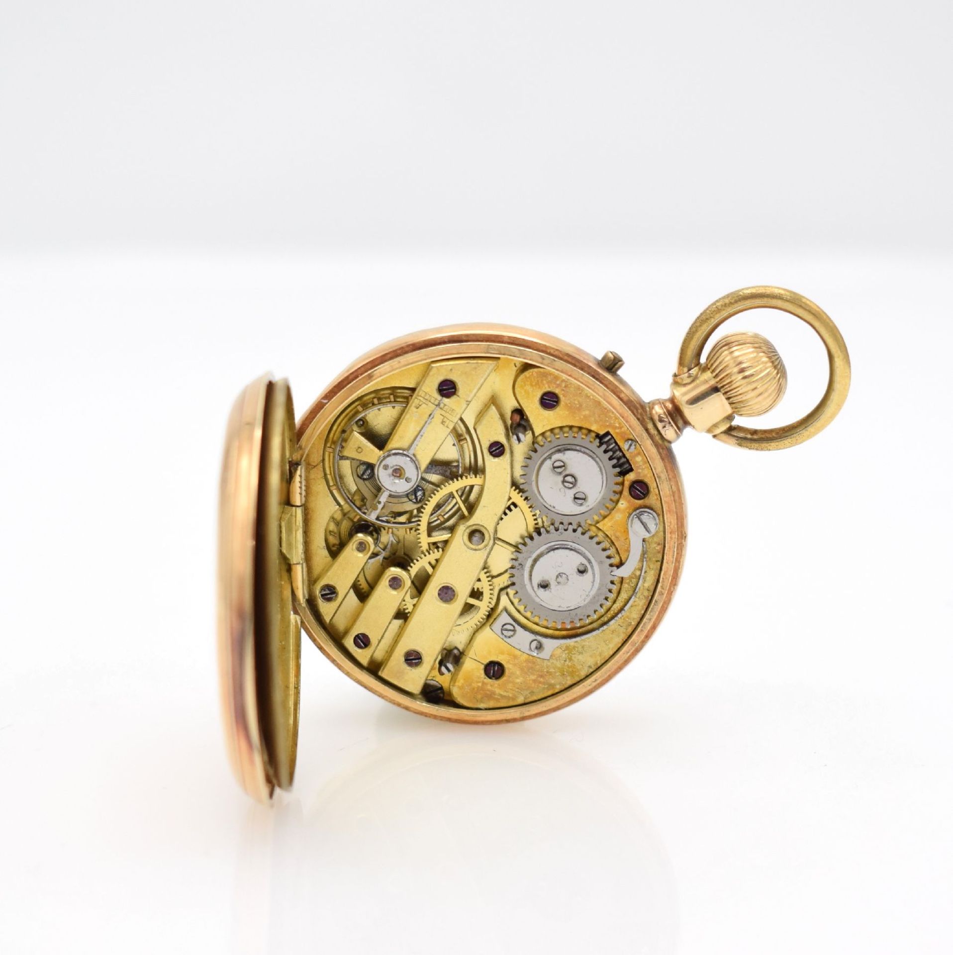 Offene Taschenuhr in RoseG 585/000, Schweiz um 1900, Metallcuvette, Emailzifferbl. m. röm. - Bild 6 aus 6