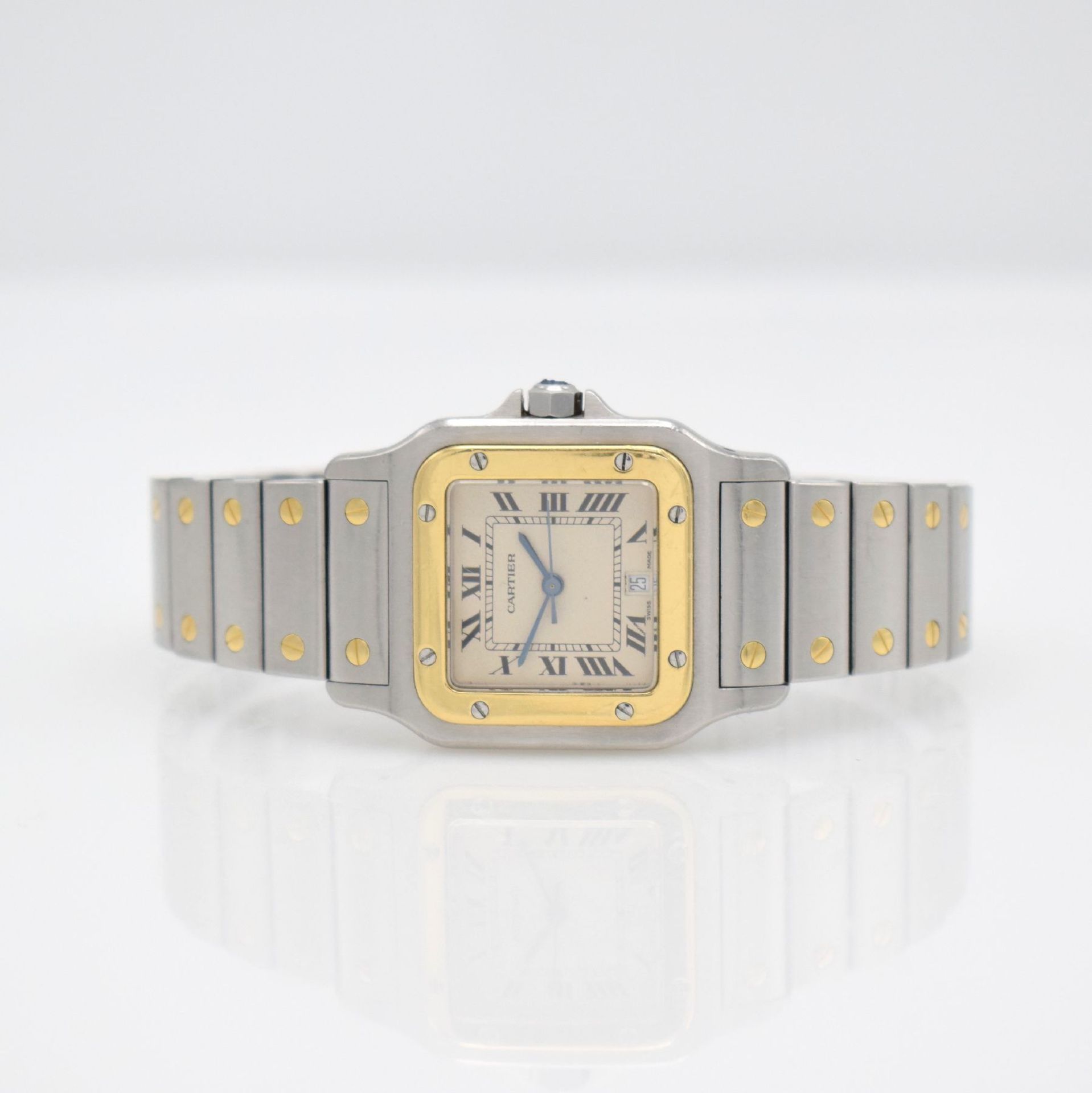 CARTIER Santos Herrenarmbanduhr in Edelstahl/ Gold, Schweiz verk. 12/1989 lt. beil. Zert., Boden