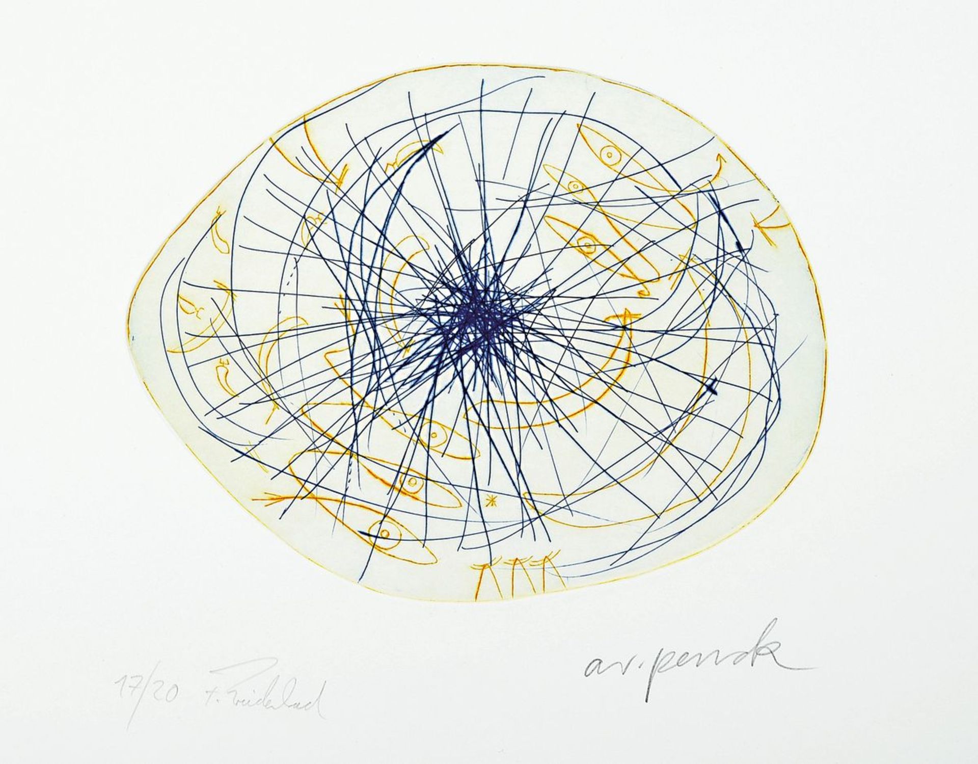 A.R. Penck, 1939 - 2016, Farbradierung, aus dem Projekt Centro Spirituale, Himmlischer Stürzer,