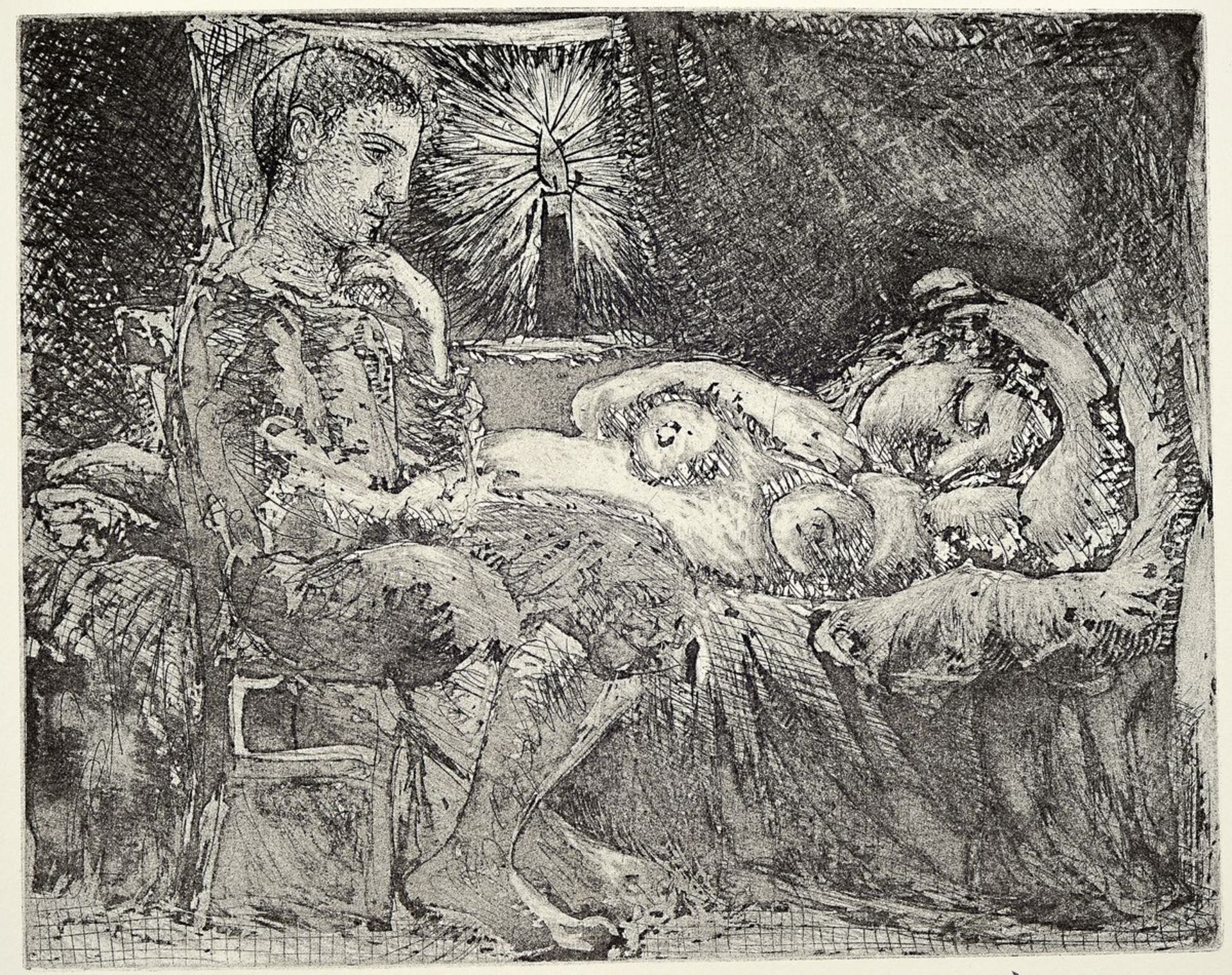 Pablo Picasso, 1881-1973, Titel: Junge und schlafende Frau beim Kerzenlicht, Lithografie, Drucker