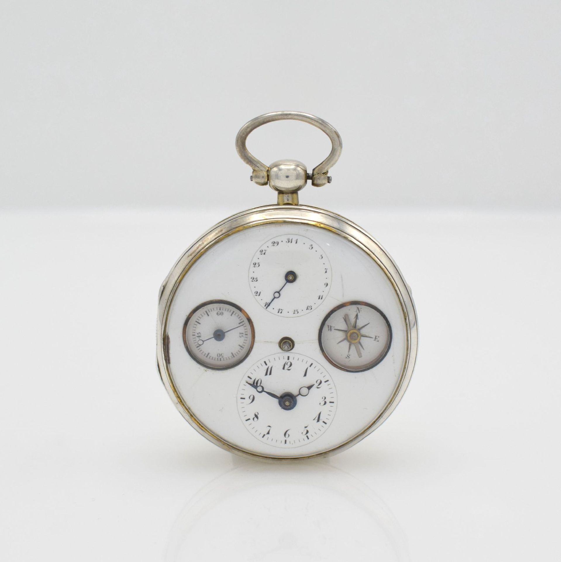 Seltene Spindeltaschenuhr mit Kompass, Datum & kleiner Sekunde, Frankreich um 1800, beids.vergl.