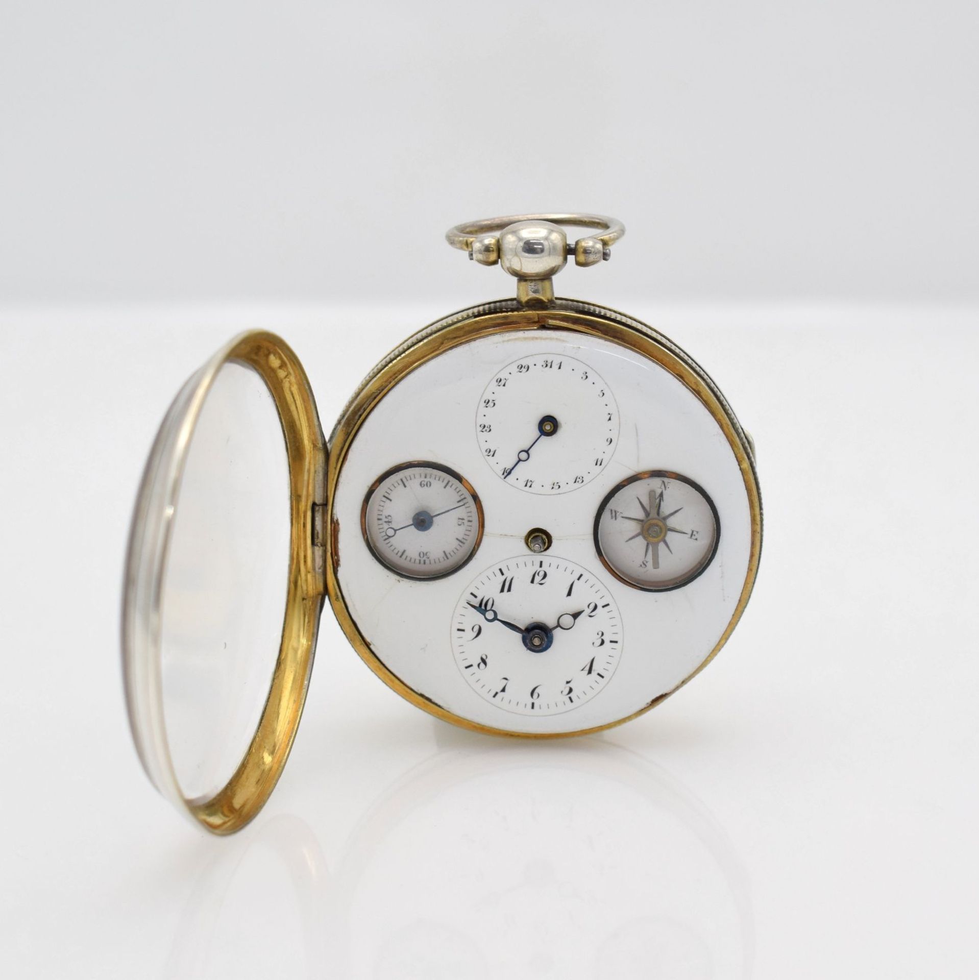 Seltene Spindeltaschenuhr mit Kompass, Datum & kleiner Sekunde, Frankreich um 1800, beids.vergl. - Bild 2 aus 5