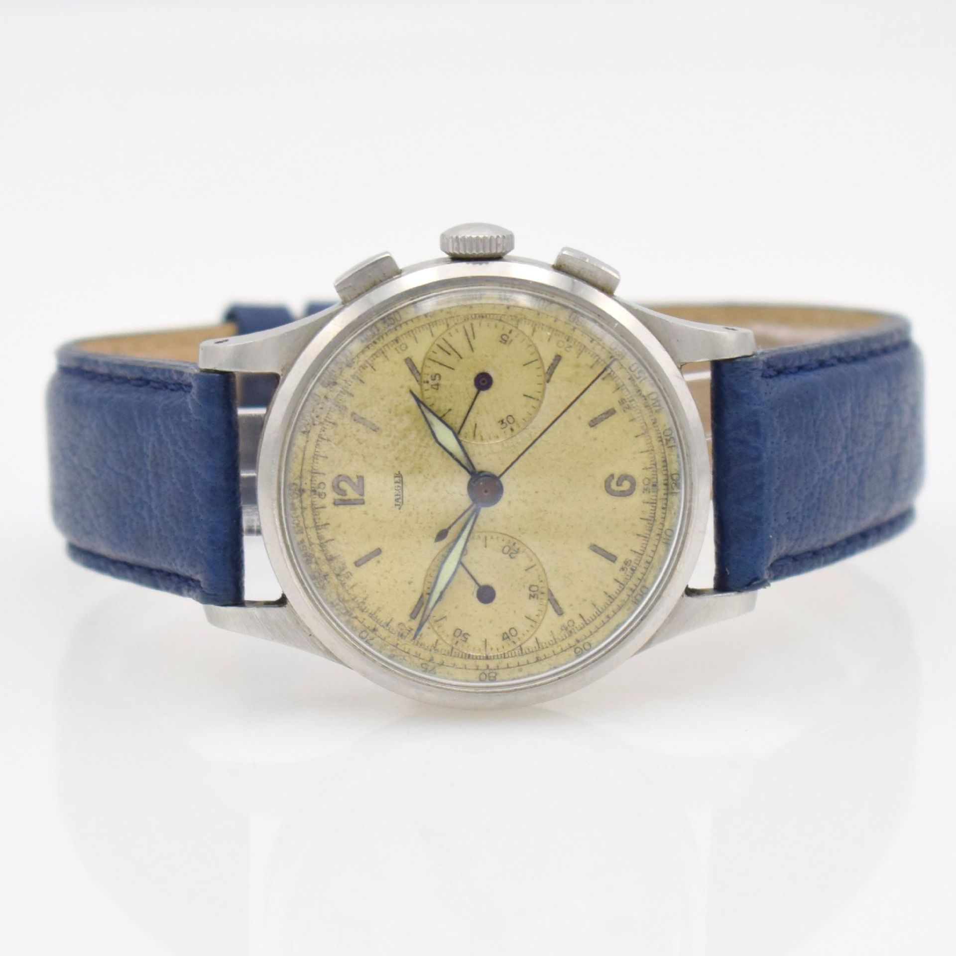 JAEGER Schaltradchronograph in Stahl, Schweiz um 1945, Handaufzug, 3-tlg. Geh., Boden & Glasrand