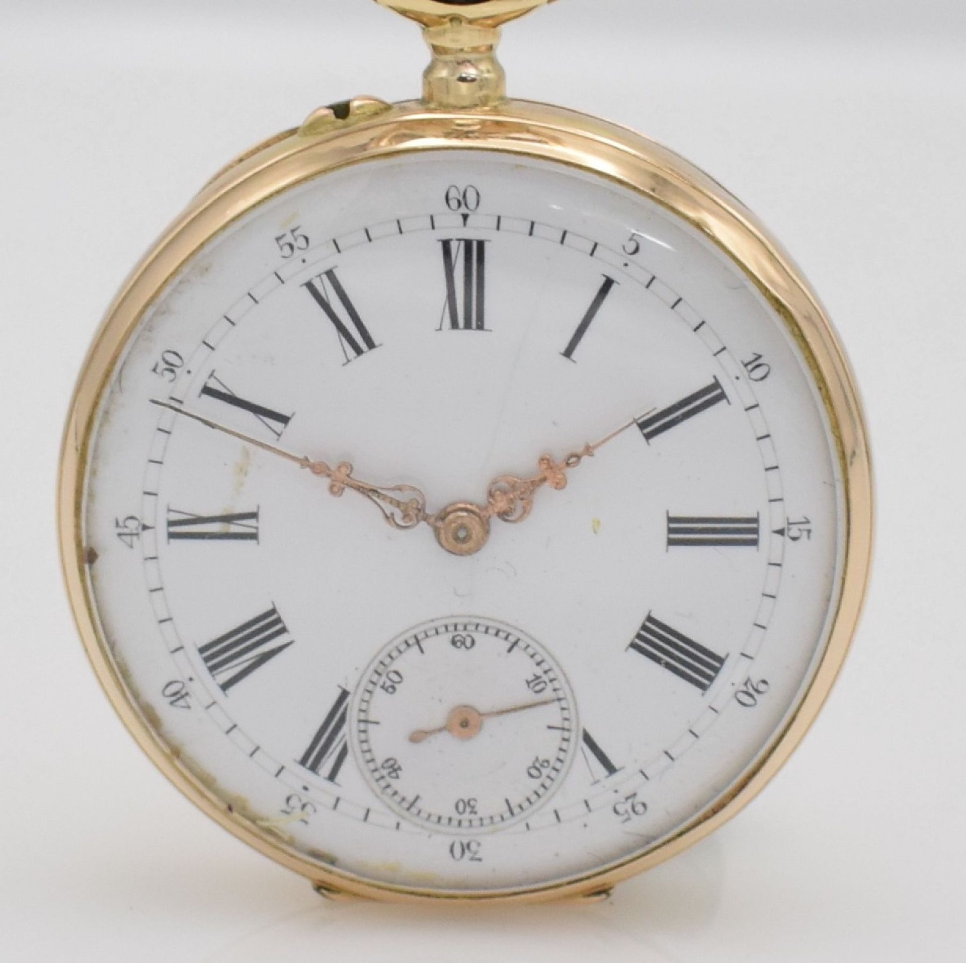 Offene Herrentaschenuhr in GG 585/000, Schweiz um 1890, guill. Rückdeckel, Metall- Cuvette, - Bild 2 aus 6