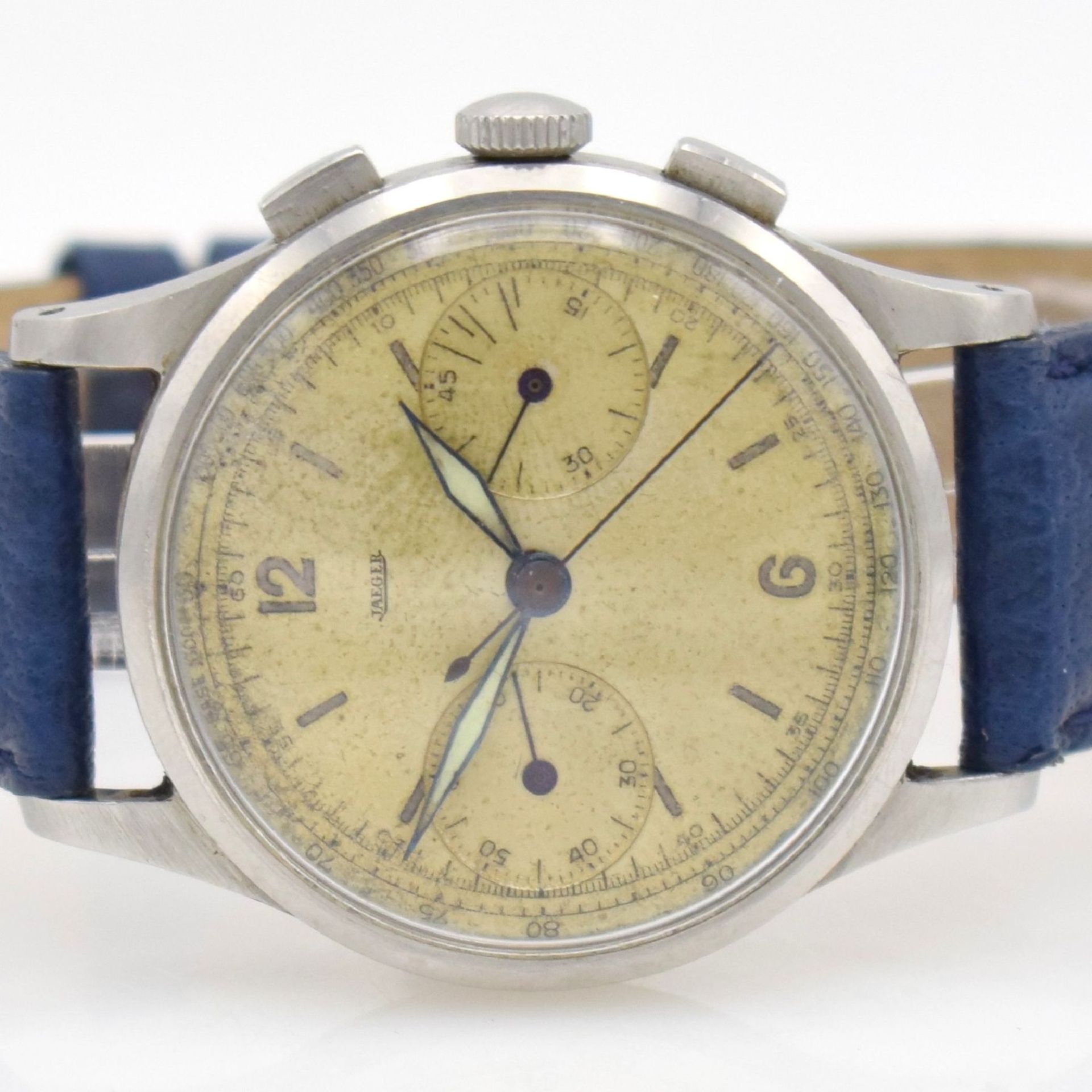 JAEGER Schaltradchronograph in Stahl, Schweiz um 1945, Handaufzug, 3-tlg. Geh., Boden & Glasrand - Bild 2 aus 8