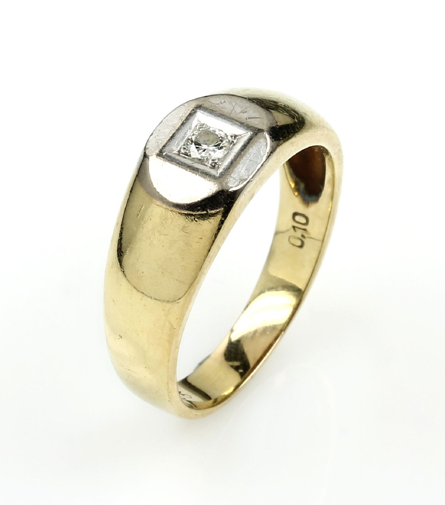 14 kt Gold Ring mit Brillant, GG 585/000, mittig Brillant ca. 0.10 ct (grav.) Weiß/si, RW 63, ca.