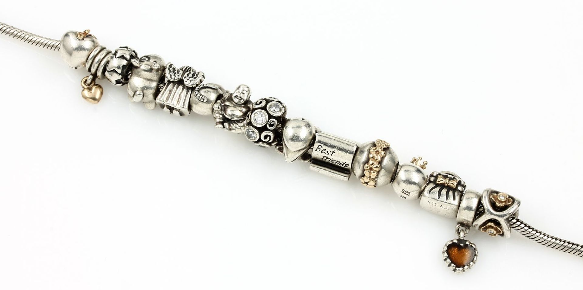 PANDORA Armband, 925er Silber, 15 Charms, z.T. mit GG 585/000 und Brillanten zus. ca. 0.05 ct Weiß/