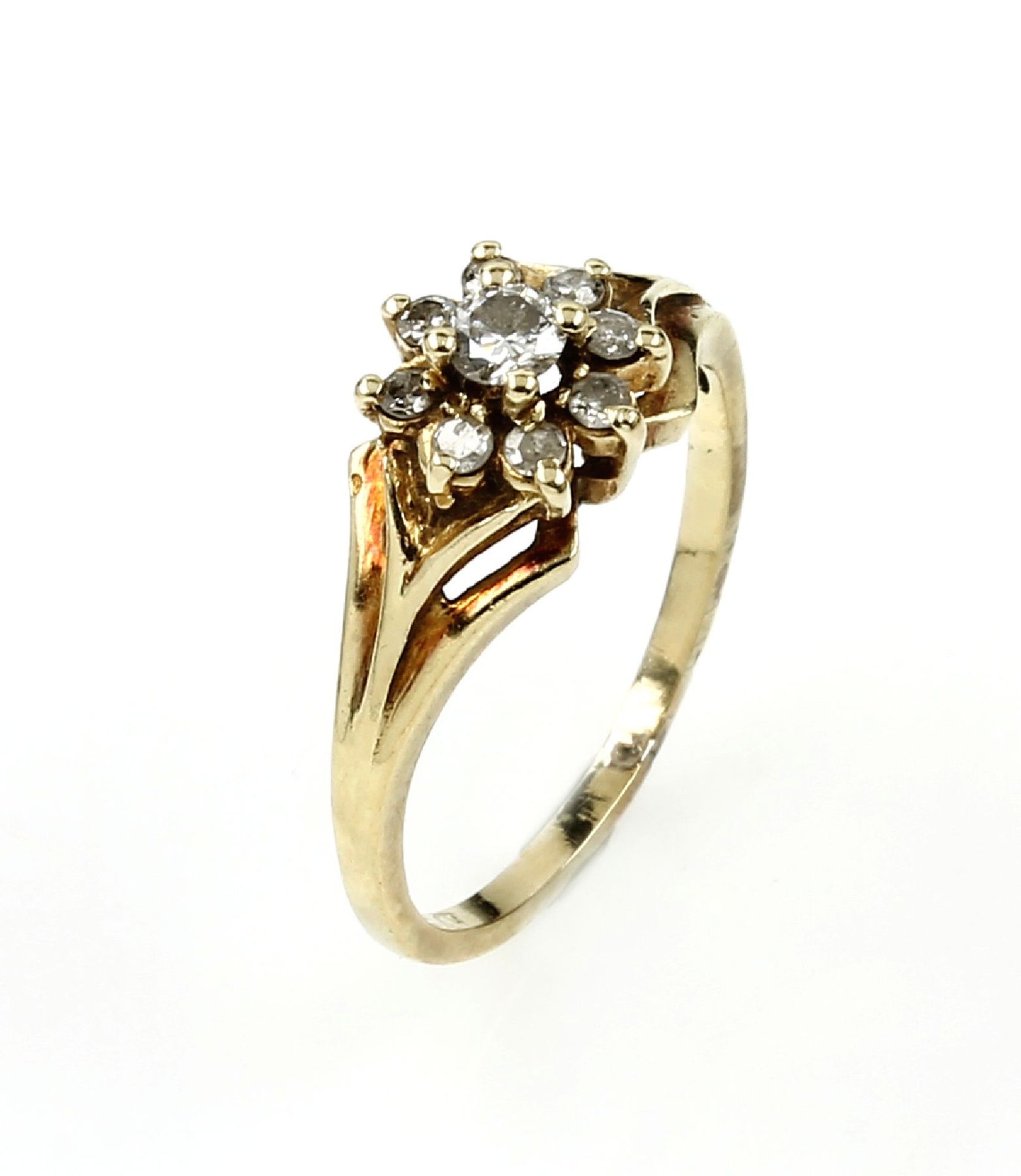 8 kt Gold Blütenring mit Diamanten, GG 333/000, blütenförm. gefasste 9 Diamanten zus.ca. 0.18 ct