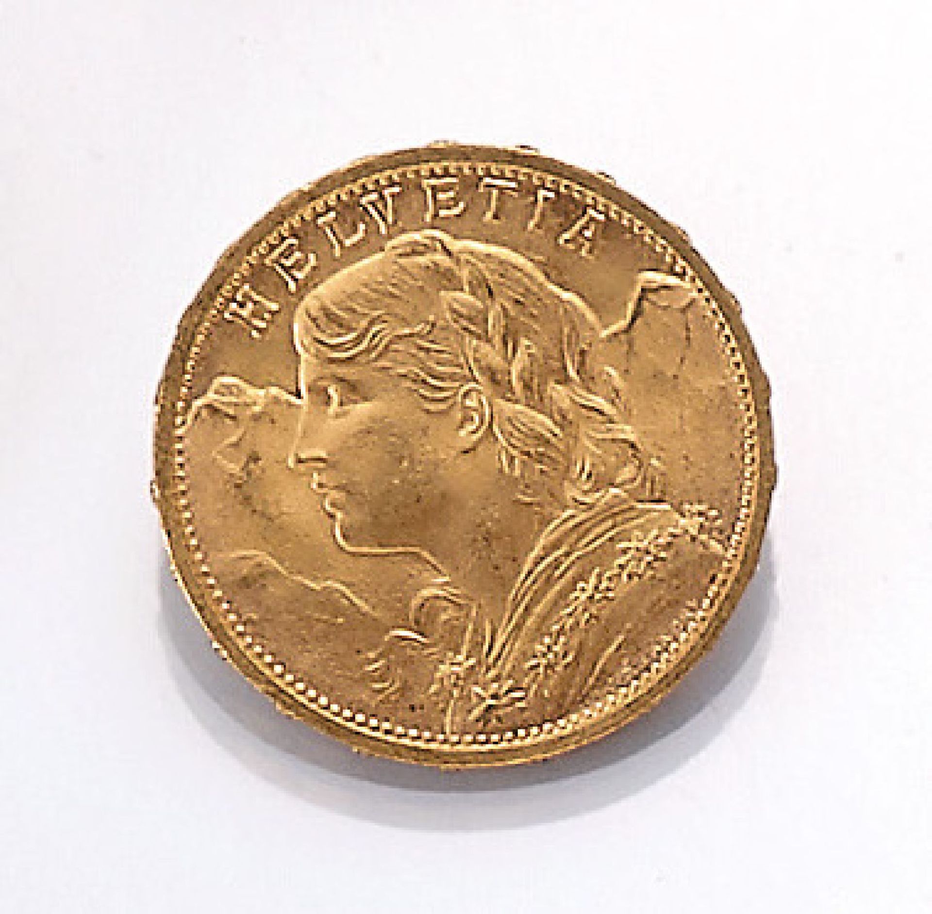 Goldmünze, 20 Franken, Schweiz, 1910, sogn. Vreneli, Helvetia, Prägemarke B