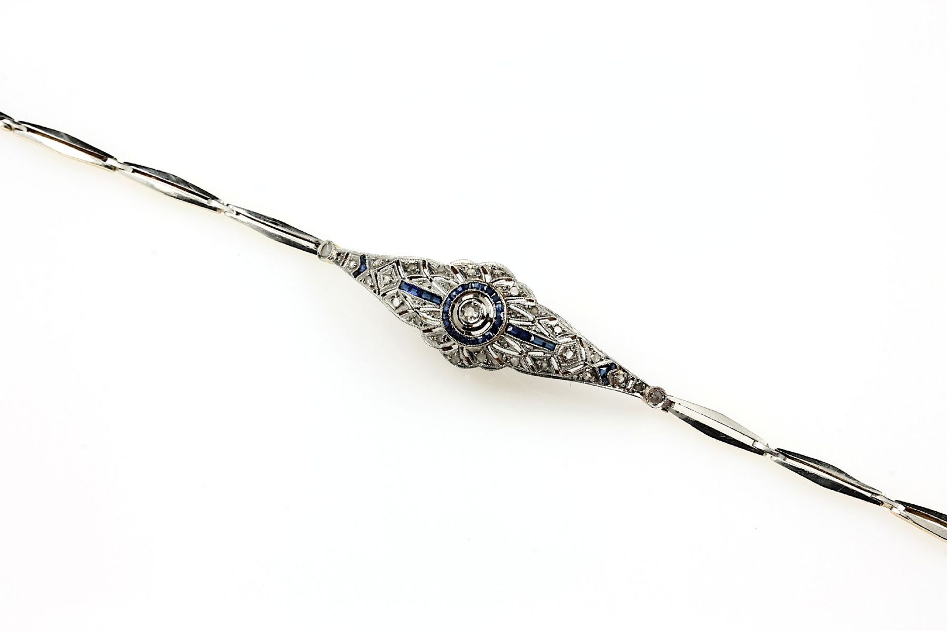 Art-Deco Armband mit Diamanten und Saphiren, um 1920, GG 750/000 und Platin, mittig 8/8-Diamant