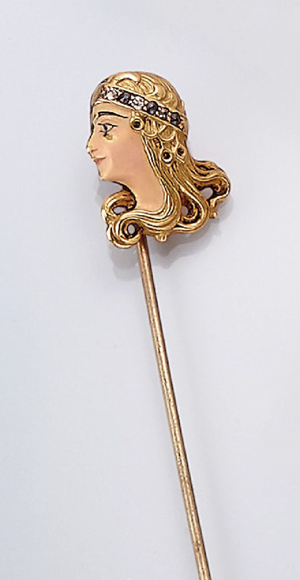 18 kt Gold Jugendstil Krawattennadel, um 1900, GG 750/000, Frauenkopf mit wallendem Haar, Gesicht