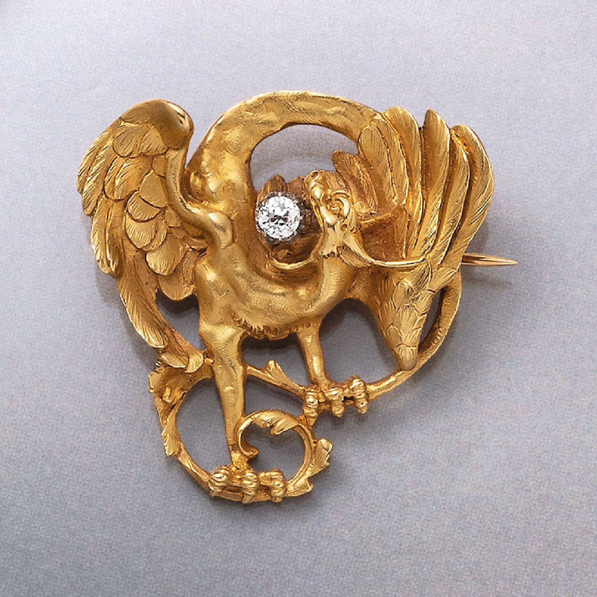 18 kt Gold Brosche/Anhänger "geflügelter Drache" mit Diamanten, Frankreich um 1900, GG 750/000,