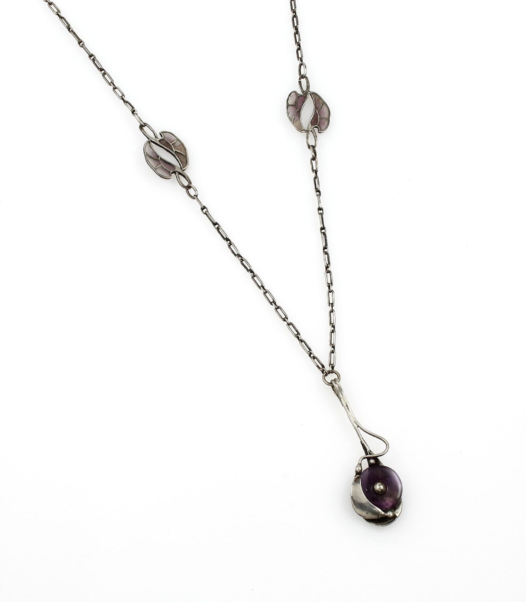 Collier mit Fensteremail, Pforzheim um 1900, Silber, 2 abstrakte, florale Elemente mit Plique-a-jour