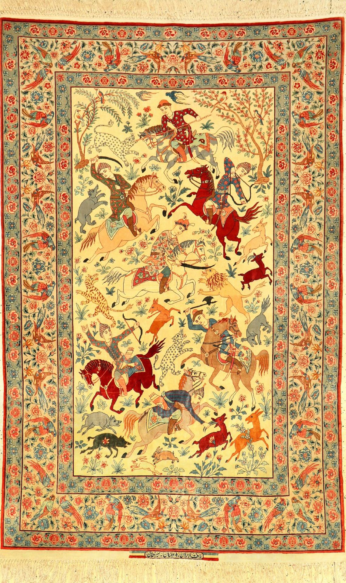 Sehr feiner Esfahan "Seirafian" alt (The Hunting) "Signiert", Zentralpersien, um 1950, Korkwolle