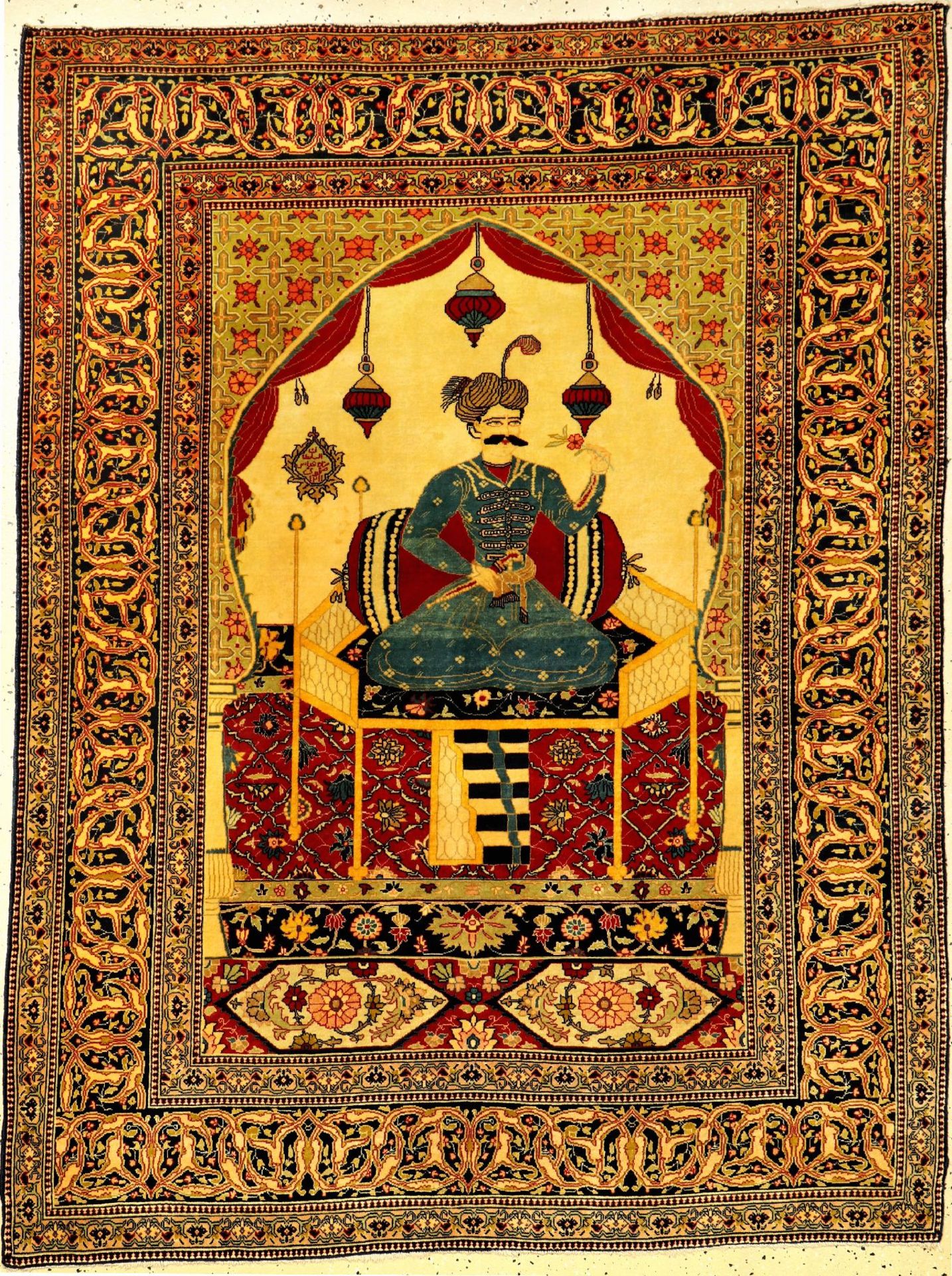 Feiner Täbriz "Bildteppich" alt (Shah Abbas I.), Nordwestpersien, um 1930, Korkwolle geknüpft auf