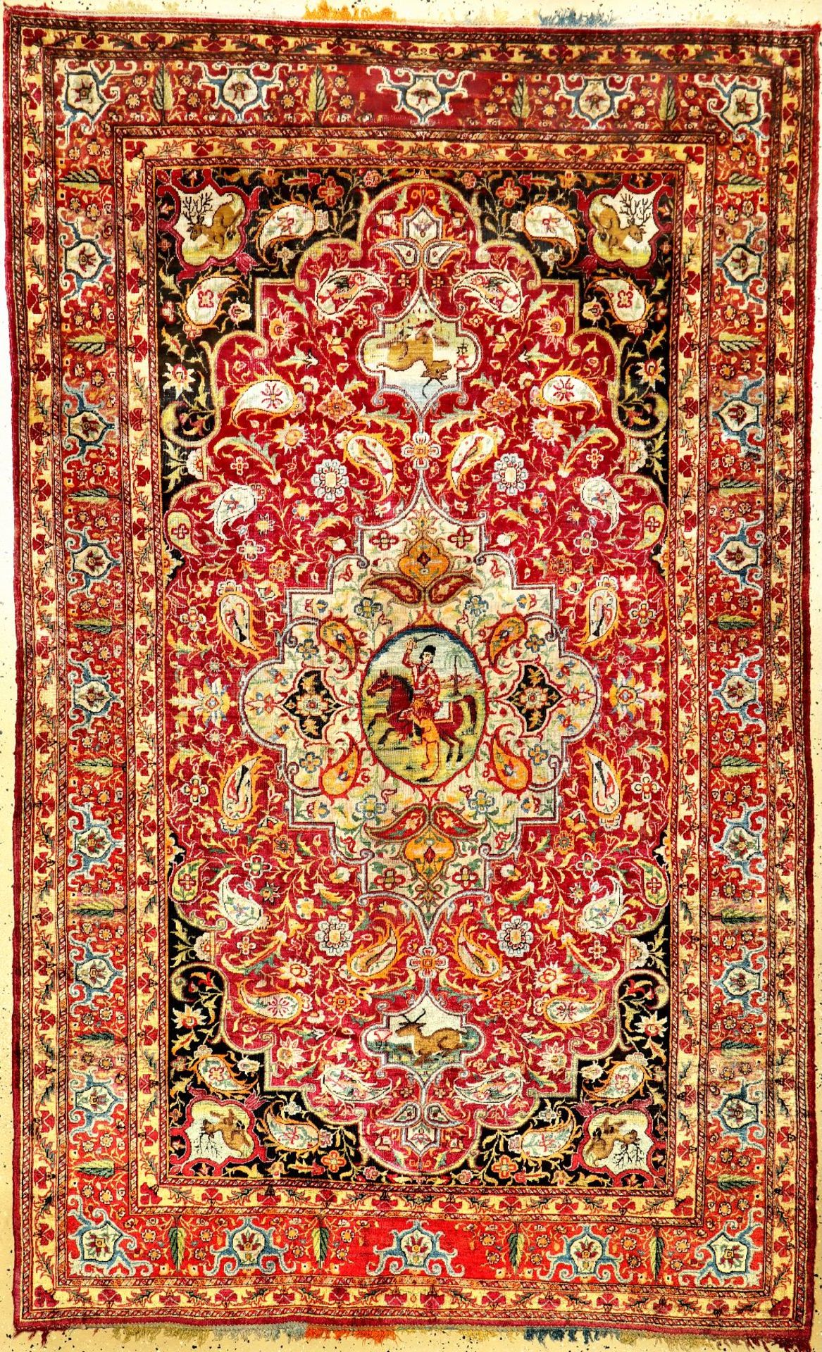 Sehr seltener feiner Yazd "Seidenteppich" antik (Haftrang Multicolor Fransen), Südpersien, 19.