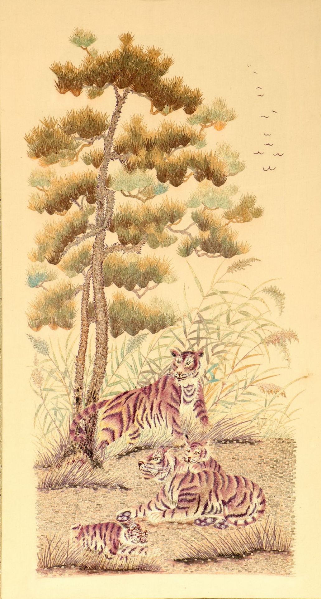 Sehr feine "Seidenstickerei" antik (Tigerfamilie), Japan, Ende 19.Jhd., reine Naturseide.