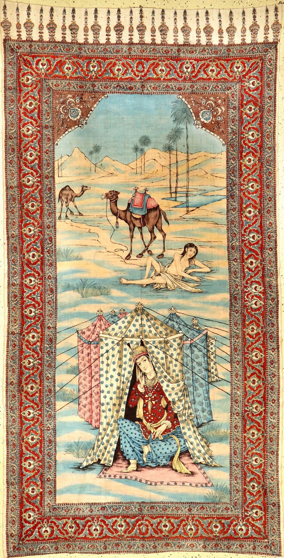 Esfahan "Qalamkar" antik (Leyli & Majnun), Zentralpersien, um 1900, Baumwolltuch teils aufgedruckt