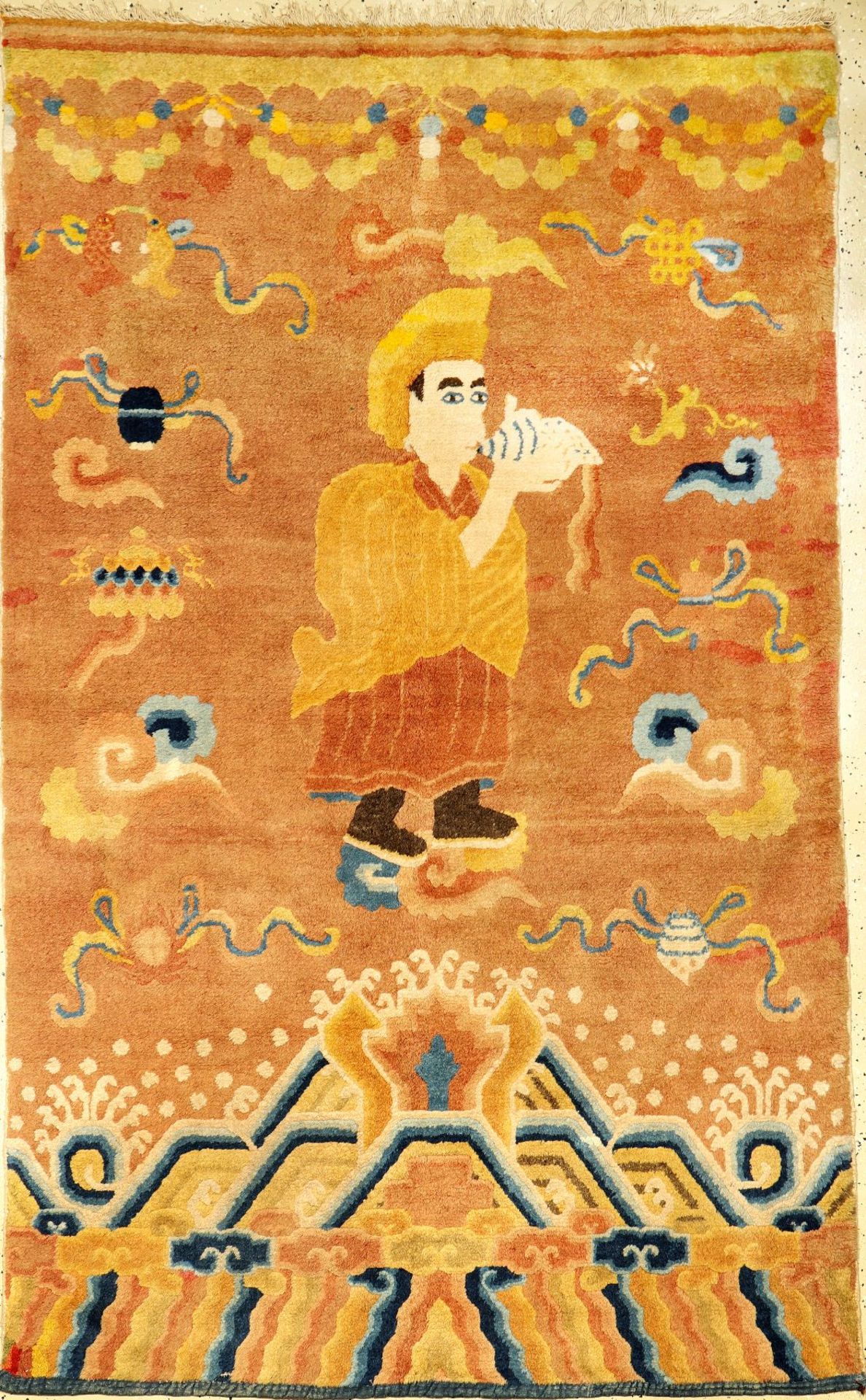 Seltener Ning-Hsia "Tempelteppich" antik (Lama Aufruf zum Gebet), Westchina, 1.Hälfte 19.Jhd., Wolle
