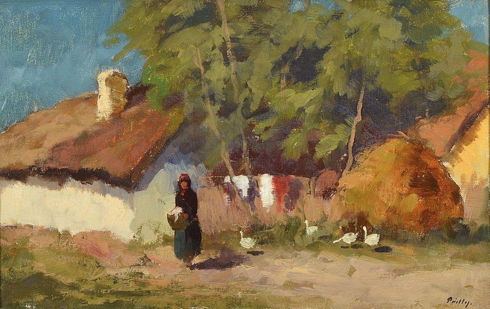 Ungarischer Maler um 1900, Auf dem Bauernhof, Öl/Lwd, rechts unten unleserlich signiert, ca.
