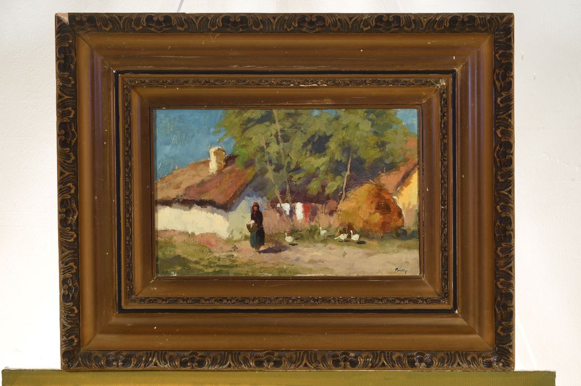 Ungarischer Maler um 1900, Auf dem Bauernhof, Öl/Lwd, rechts unten unleserlich signiert, ca. - Bild 3 aus 3
