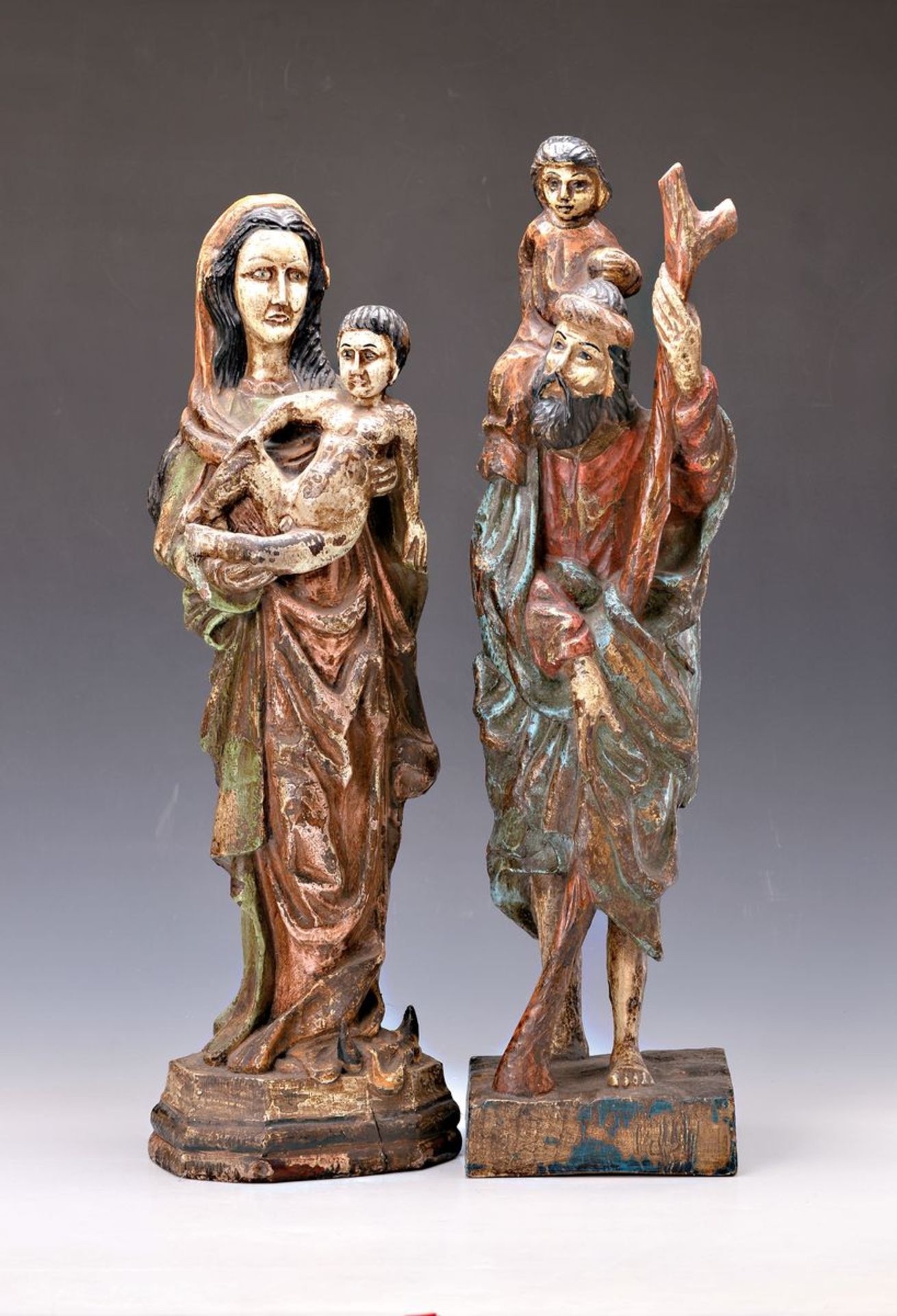 2 Heiligenfiguren, Spanien, um 1900, Holz geschnitzt und bunt gefaßt, Christopherus mit Kind, H. ca.