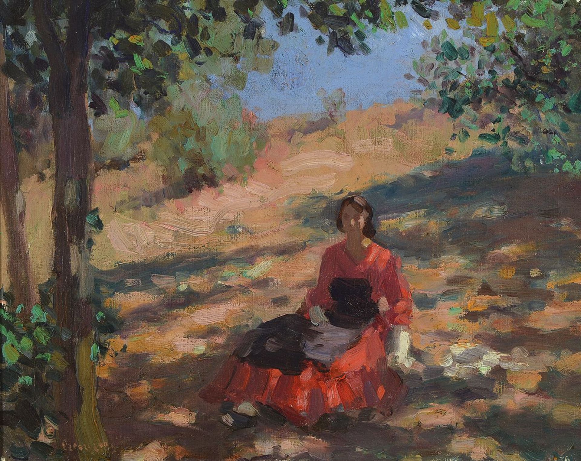 Ungarischer Maler des frühen 20. Jh., Junge Frau im Schatten eines Baumes, Öl/Lwd, links unten