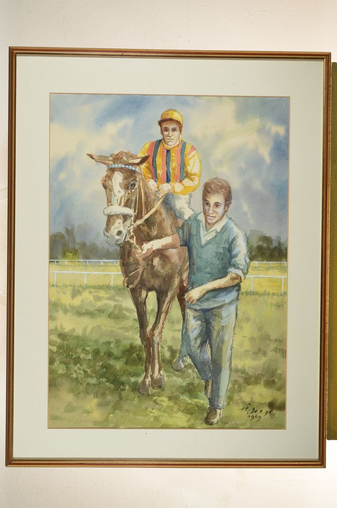 Heiner Deege, 1920-2007 Haßloch, Der Jockey Erwin Schindler zu Pferd, Aquarell, signiert und dat. - Image 3 of 3