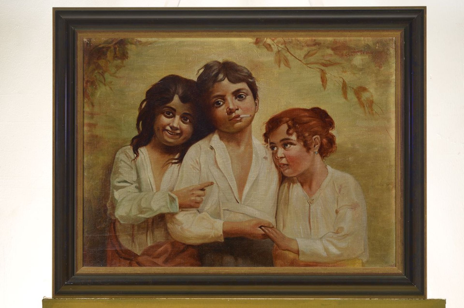 Ioan Statescu, 1892-1968, drei Kinder, der Junge in der Mitte eine Zigarette rauchend, Öl/Lwd auf - Image 2 of 2