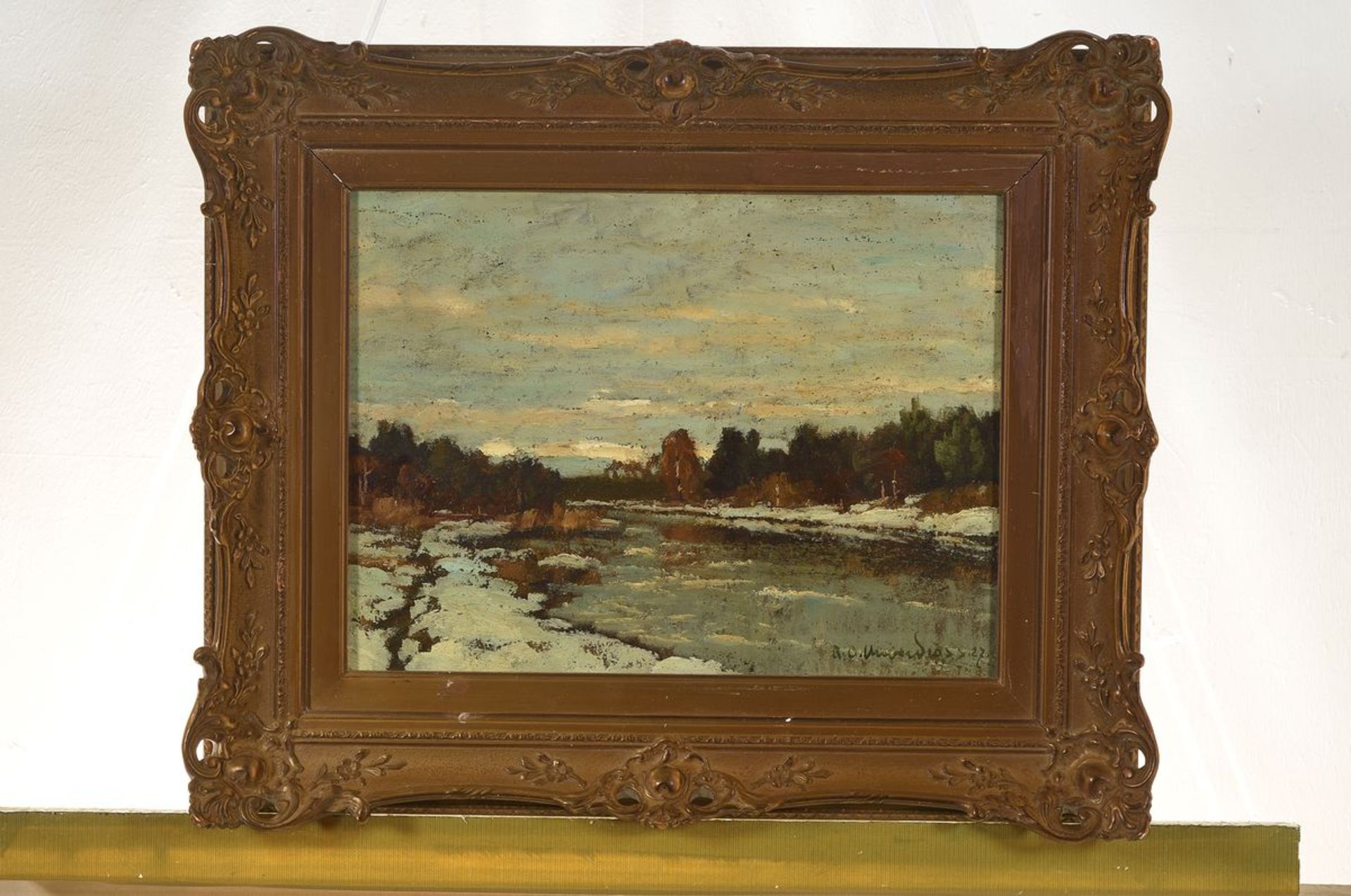 Oskar Raphael Unverdross, 1873 Düsseldorf-1952, Winterlandschaft mit Baum bestandenem Flusslauf, - Bild 3 aus 3