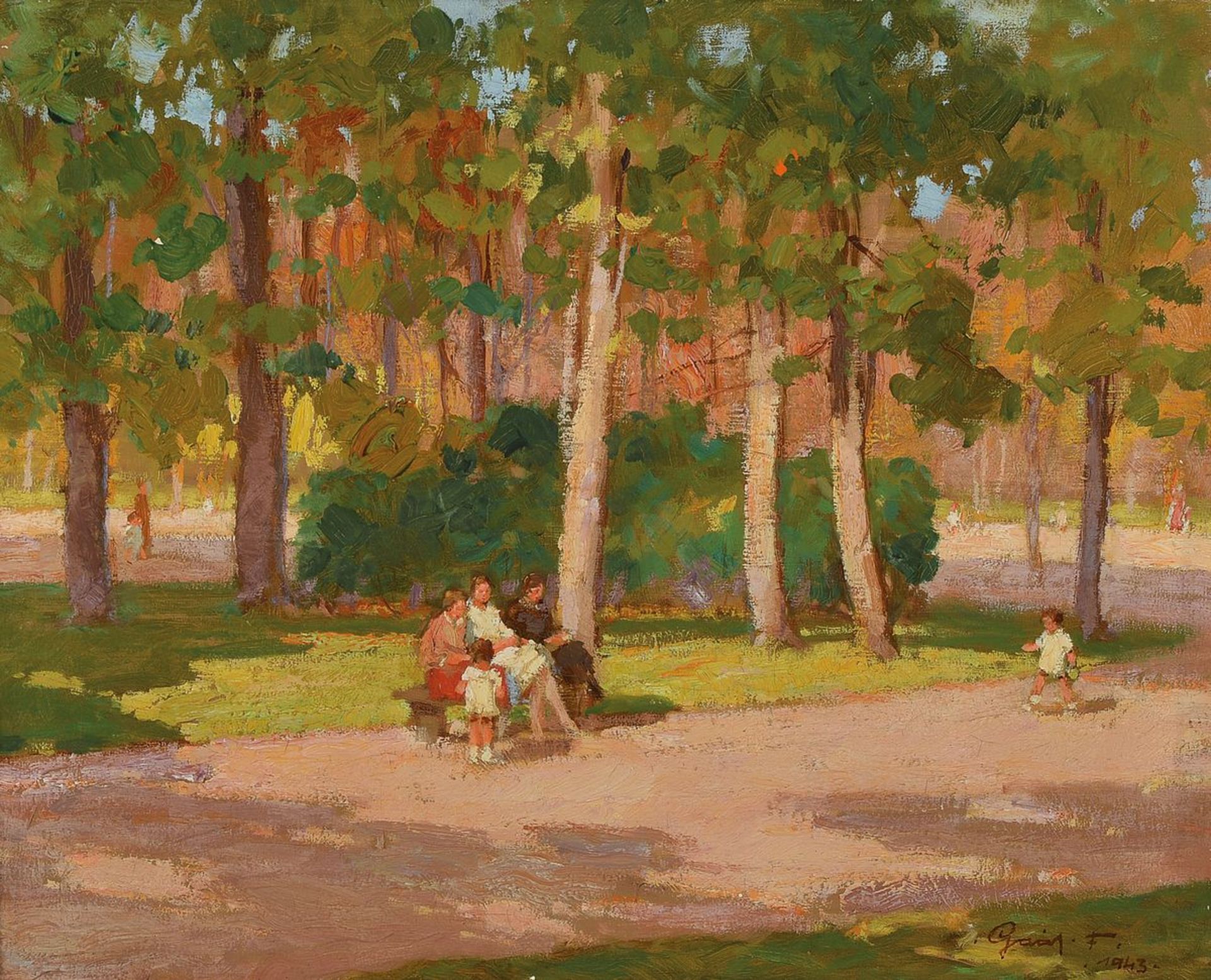 Ferenc Gaal, 1891 Debrecen-1956 Los Angeles, "Parkban", rückseitig so betitelt, Frauen und Kinder im