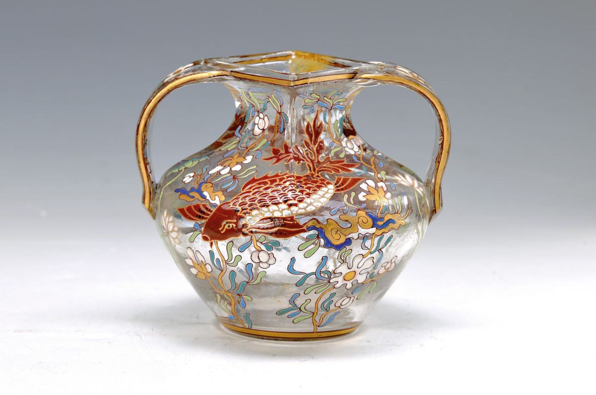 Doppelhenkelvase, Emile Gallé Nancy, um 1880-1900, farbloses Glas mit polychromer Emailmalerei,