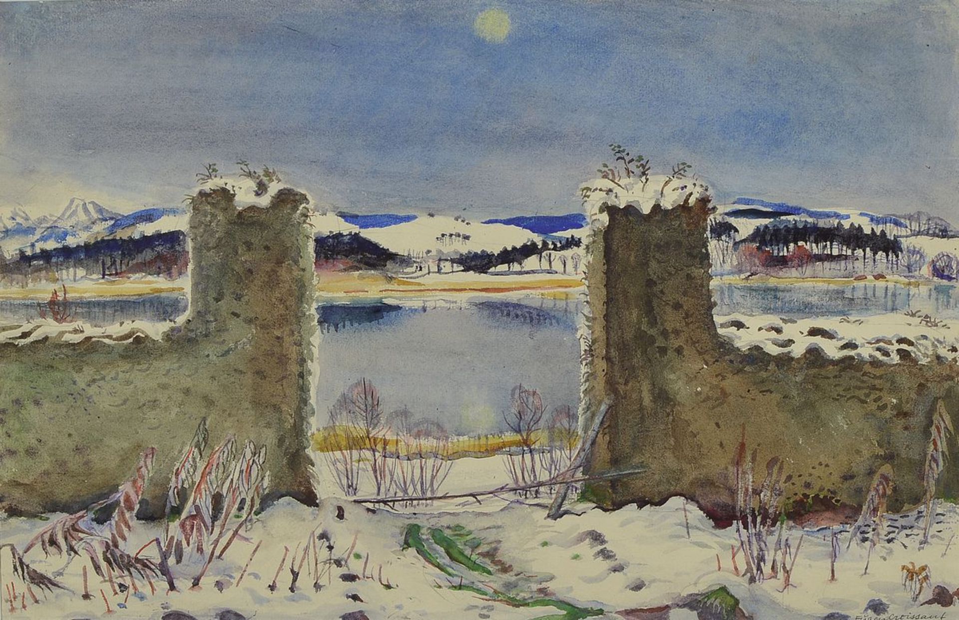 Eugen Croissant, 1898 Landau-1976 Breitbrunn, Winterlandschaft am See, Aquarell auf Papier,