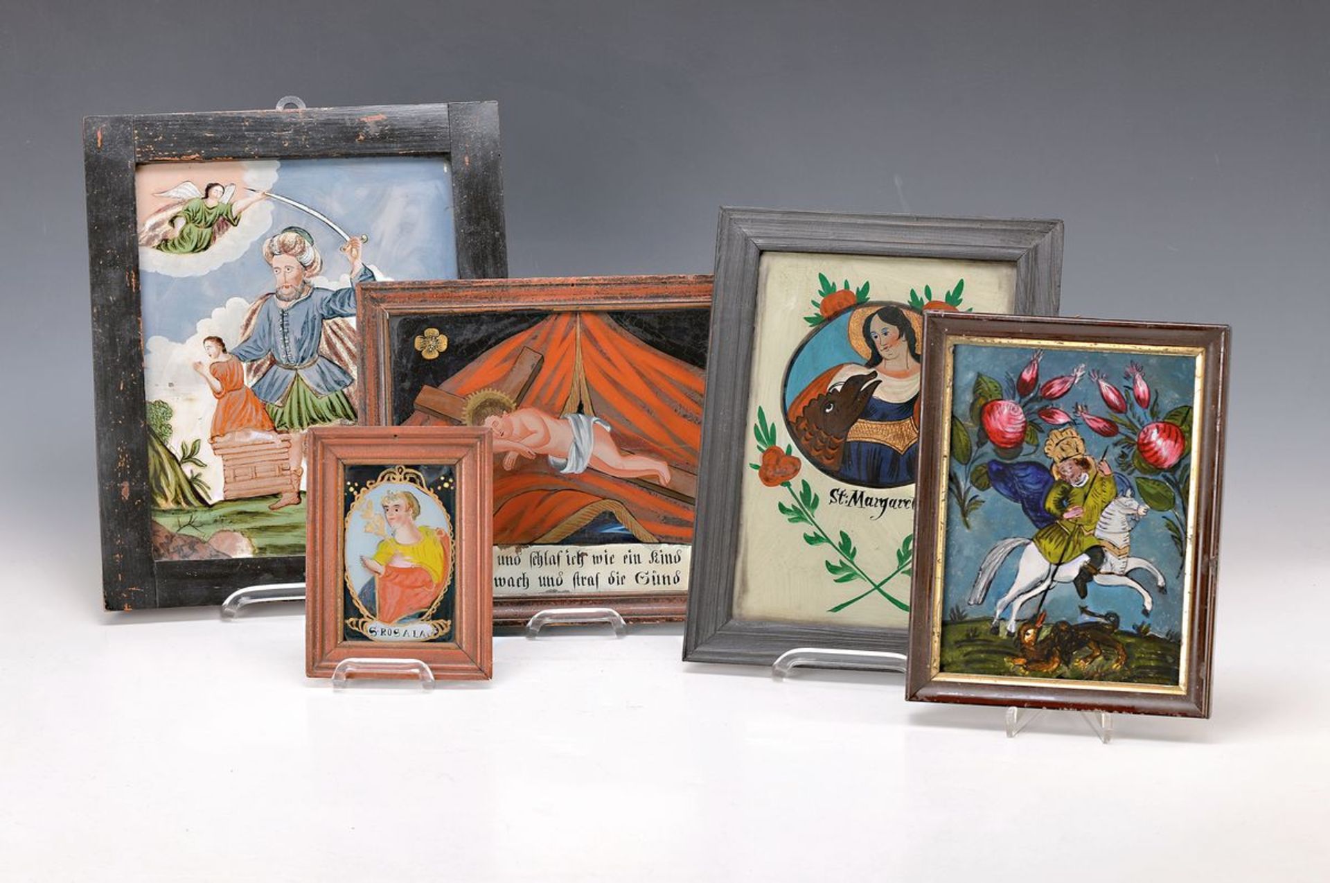 6 Hinterglasmalereien als Votivbilder, süddeutsch, um 1900, Hl. Rosala, ca. 15x11cm; Hl. Margaretha,