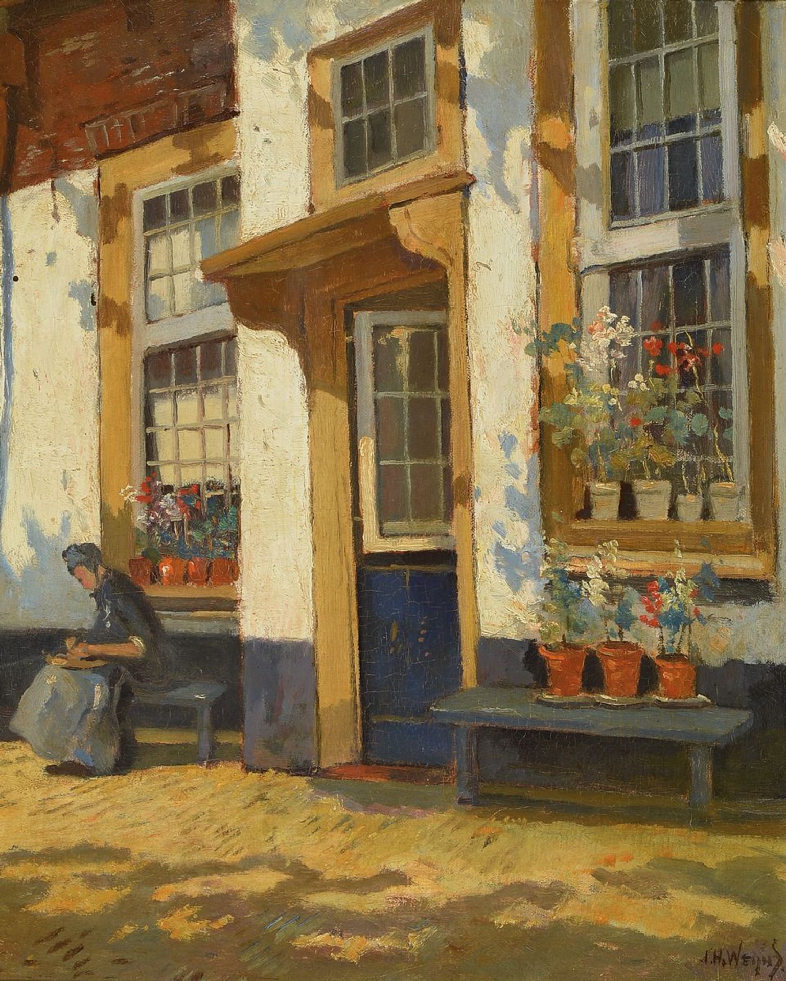 Jan Harm Weyns, 1864-1945, Frau auf der Bank vor dem Haus, rückseitig bezeichnet: Hofje Leiden, Öl/