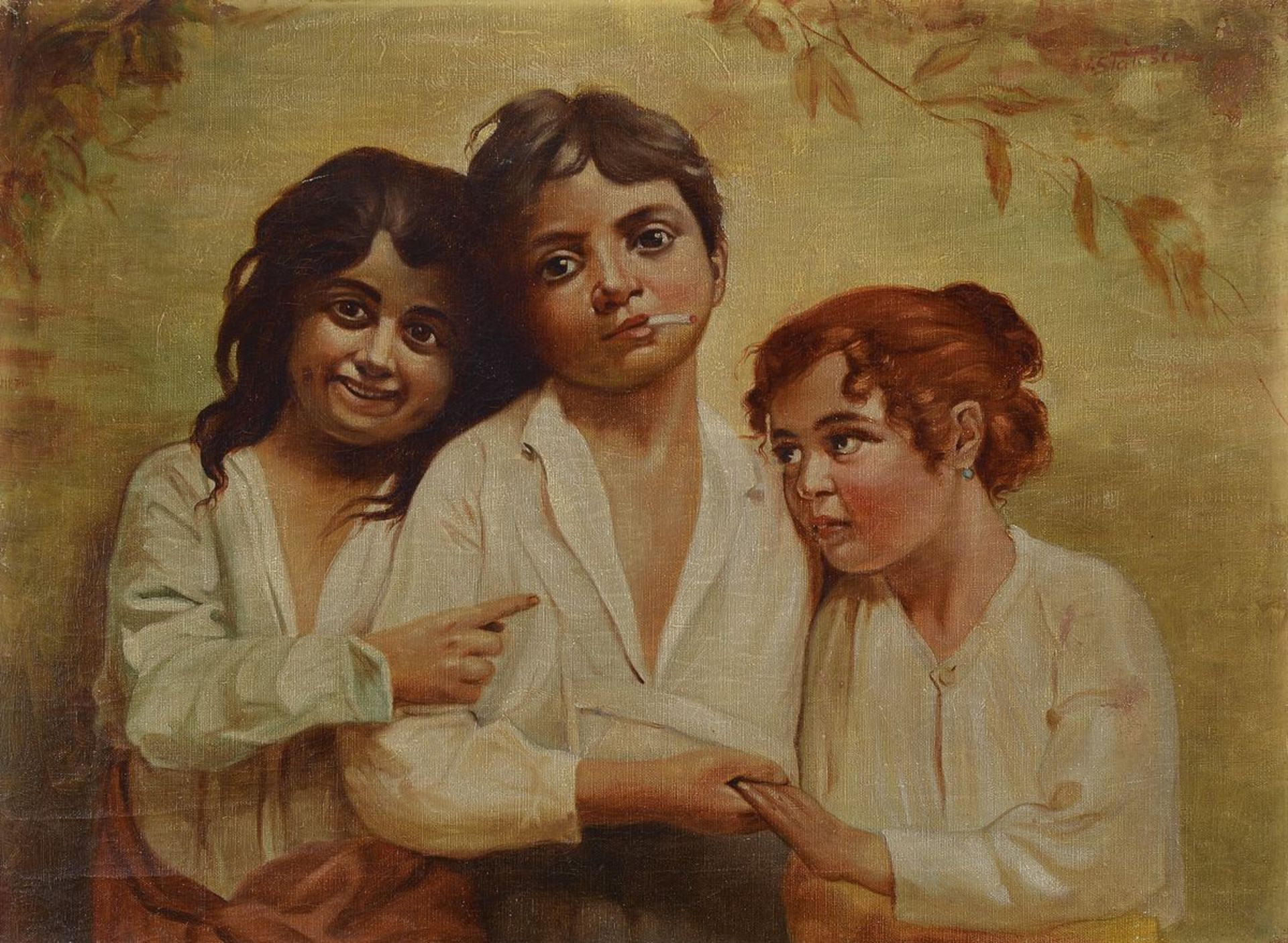 Ioan Statescu, 1892-1968, drei Kinder, der Junge in der Mitte eine Zigarette rauchend, Öl/Lwd auf